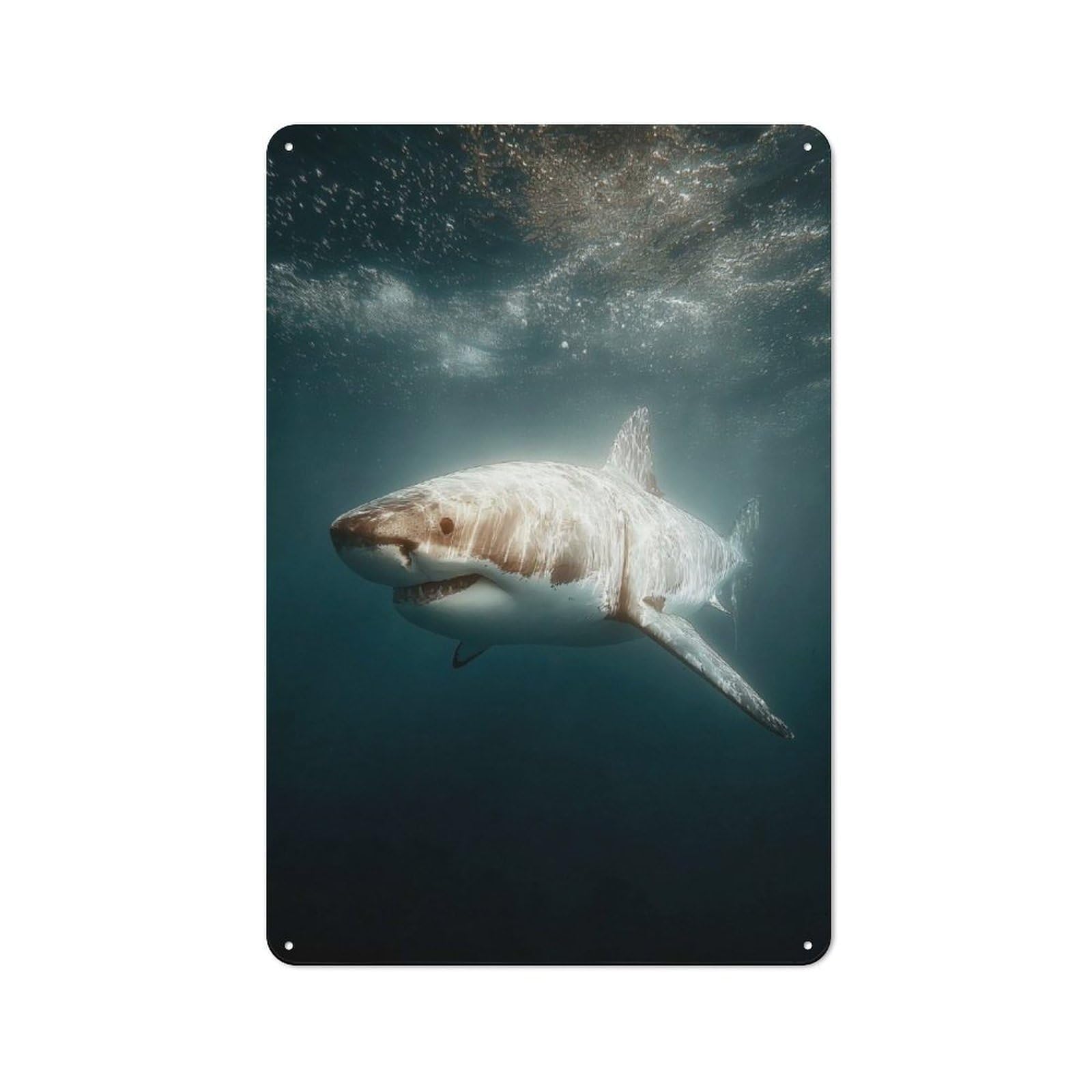 Garage Style Great White Shark Underwater Portrait Decorative Metal Plaque 30x20cm, Garage Wall Decor for Workshop, Basement, Shed Or Games Room
