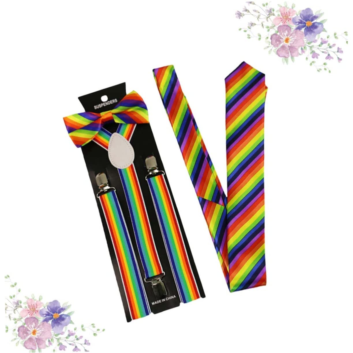 Healeved 3Pcs Colorful Elastic Suspenders with Bow Tie Unisex Rainbow Stripe Braces for Parties Weddings and Costumes