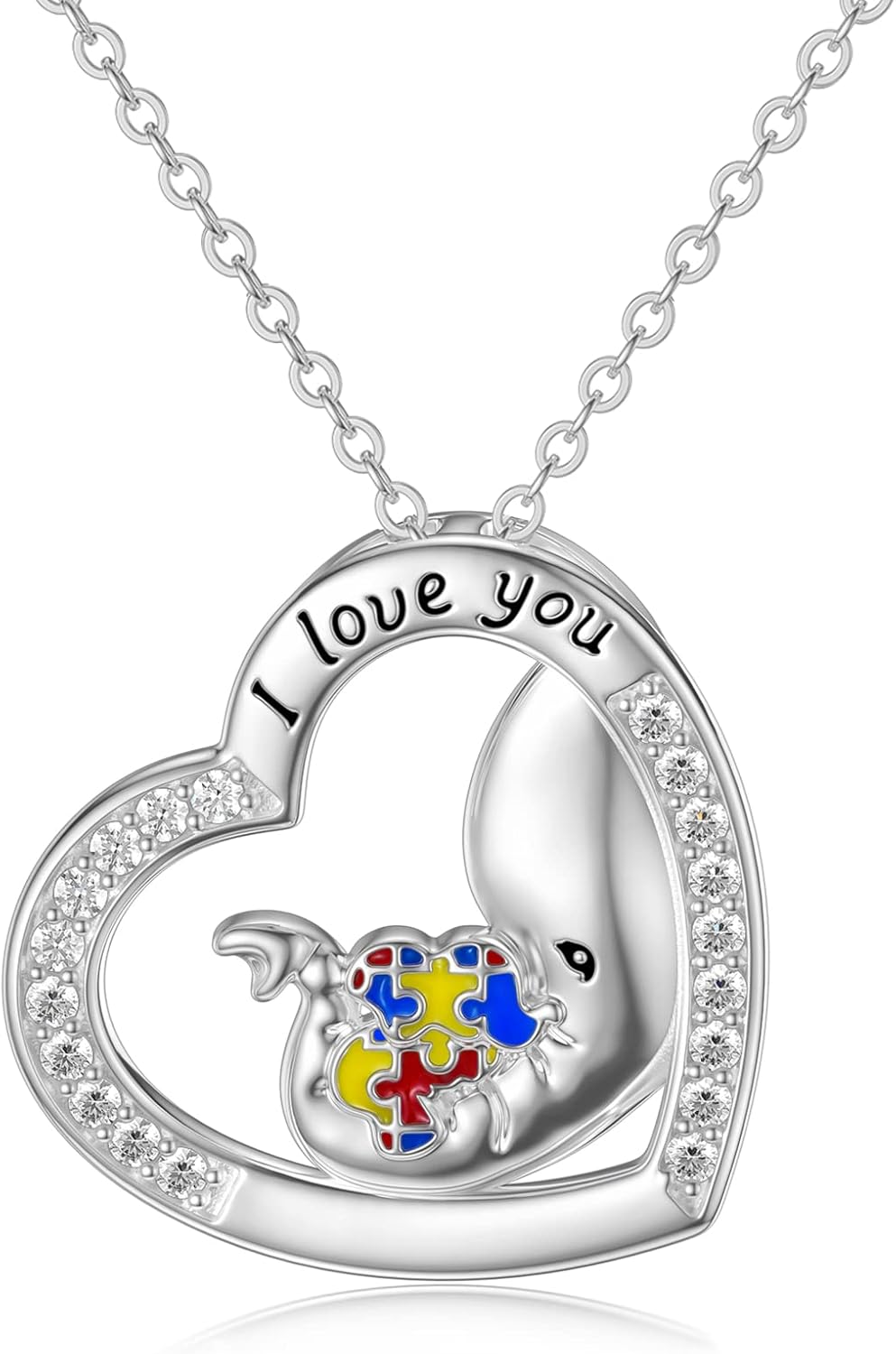 LONAGO Mother Elephant Necklace Autism Awareness Elephant Heart Pendant Necklace For Women