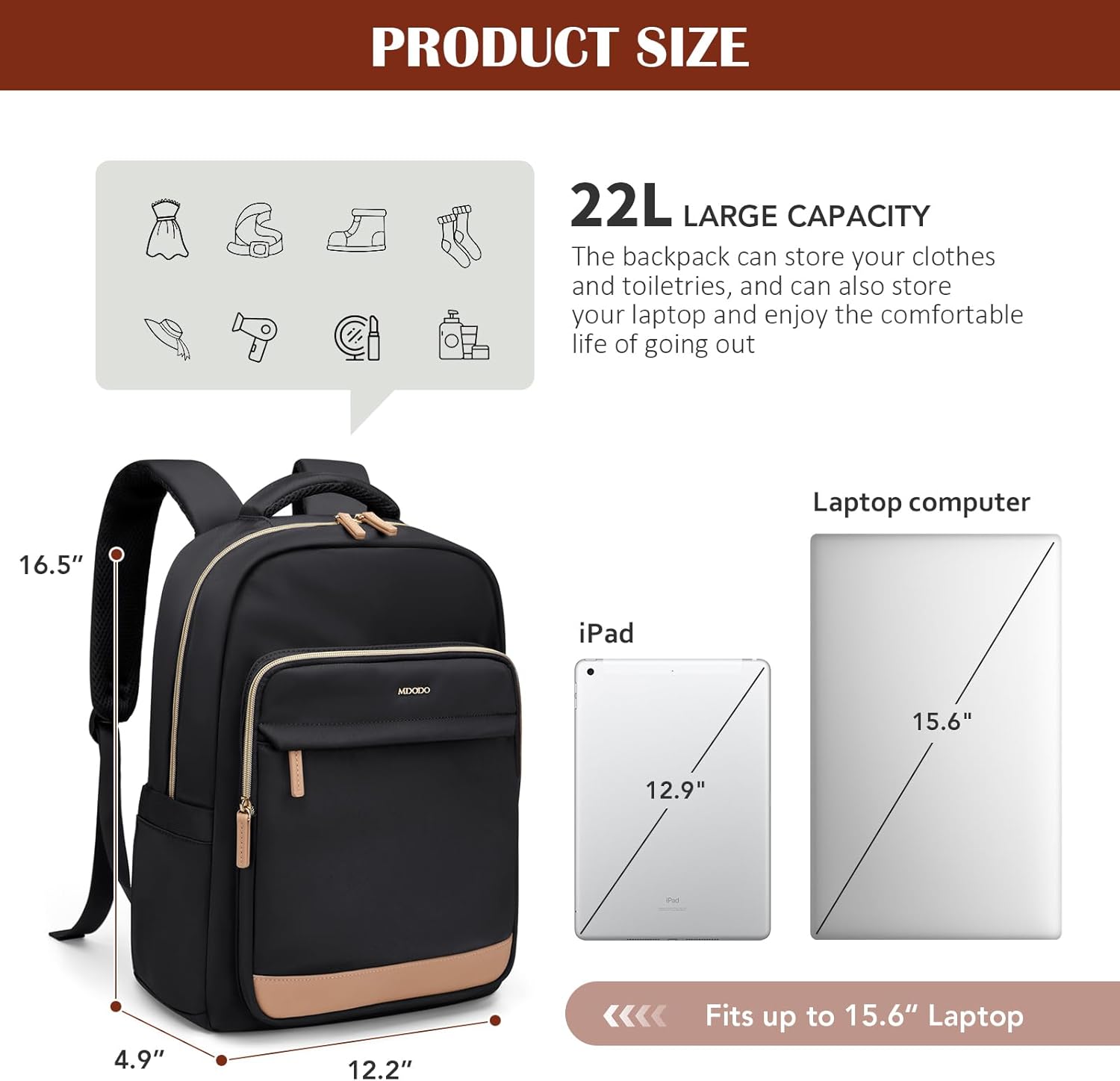 MDODO Laptop Backpack for Women,Travel Backpack with Laptop Compartment,Casual Daypack College Bookbag Computer Work Backpack15.6Inch, Black - Image 5