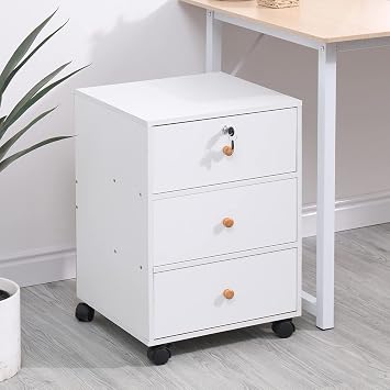 Ansley&HosHo Mobile File Cabinet with 3 Drawers, Slim Bedside Drawer Unit, Under Desk Rolling Storage, Lockable Wooden Filing Cabinet, Home Office Printer Table on Wheels White