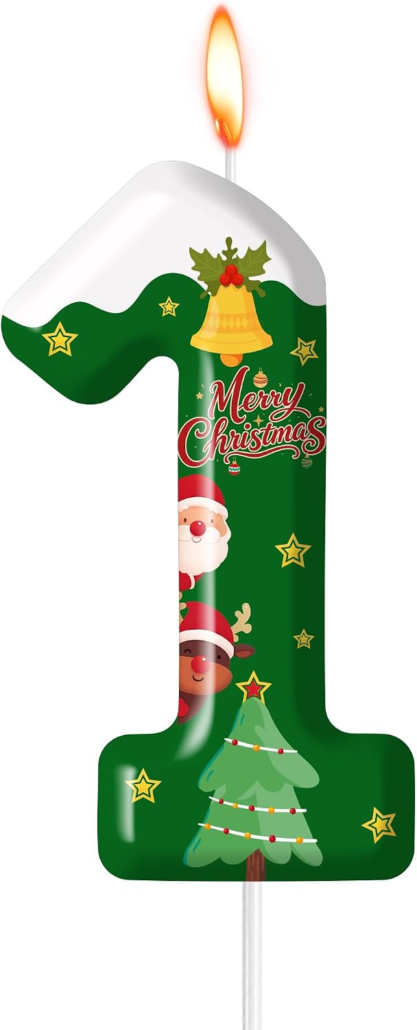 Christmas Number 1 Birthday Candle, Number Candles Merry Christmas Cake Topper Party Decorations Supplies Green Santa