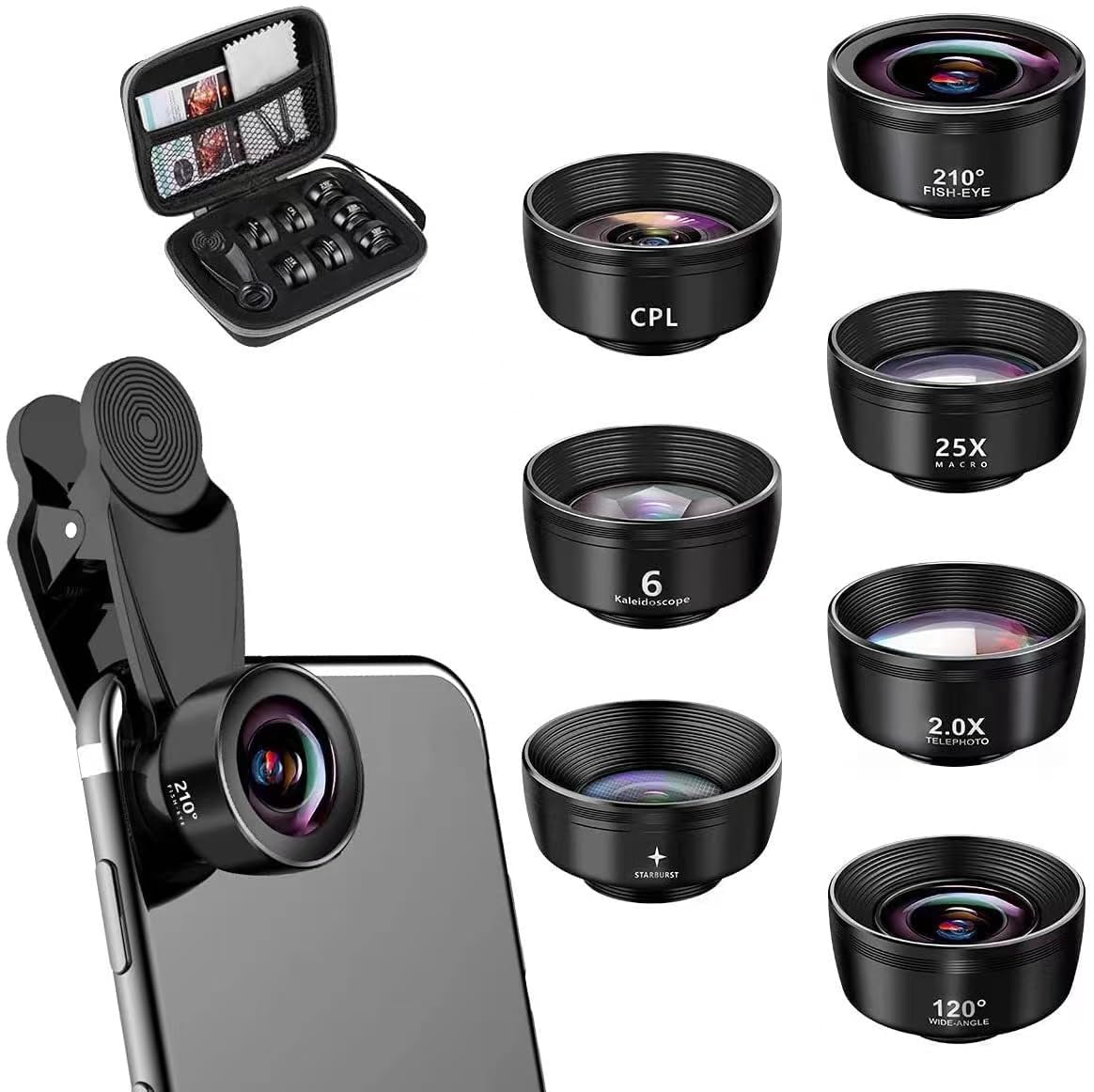 7 w 1 zestaw obiektywu do telefonu, obiektywy do telefonu komórkowego, obiektyw makro, obiektyw szerokokątny, obiektyw makro, filtr do iPhone, Samsung i większości smartfonów