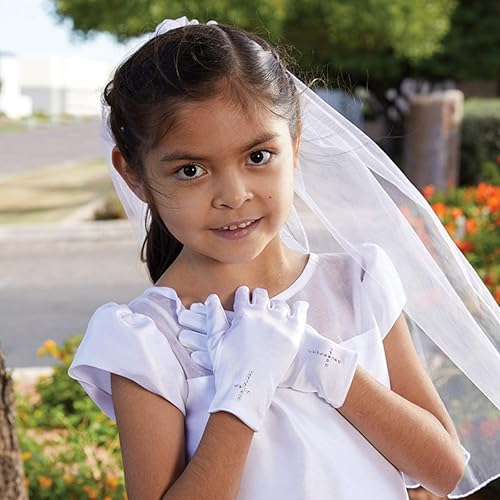 Miniatura 3 de First Communion Gloves blanco para niña con cruz de diamantes de imitación, talla M, Blanco