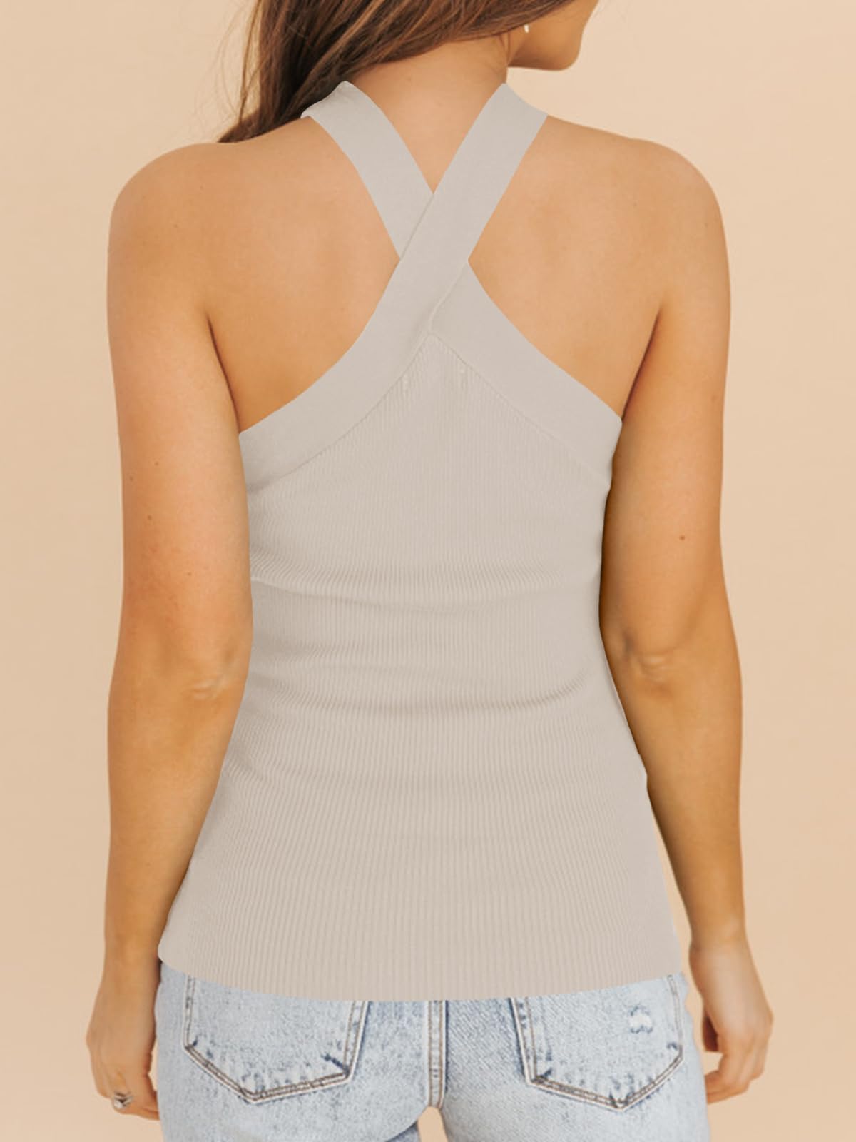 Camiseta sin mangas para mujer, cuello halter, cruzada, informal, ligera, cuello en V, de punto