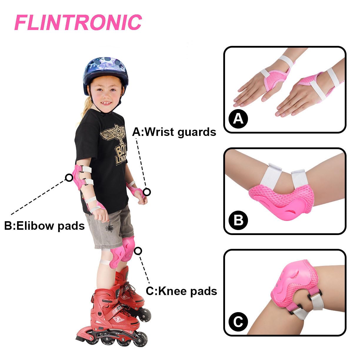 Flintronic Protezione Kit per Bambini 3-12Anni, Protezioni Set per Bambini, Sicurezza Set per Ciclismo, Regolabile Ginocchiere Set di Gomitiere per Sci Skateboard Pattinaggio Monopattino Sport Estermi