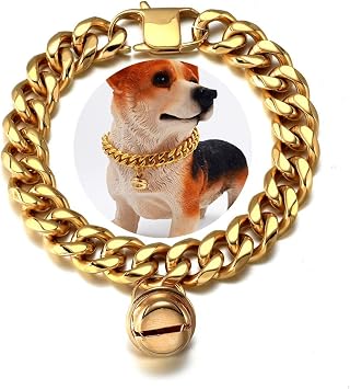 18K Gold Cat Dog Collar Kitten Puppy 0.6inch 15mm Wide Stainless Steel Kitten Choker Curb Chew Proof Cuban Link Chain with Bell Dog Neck 12"-14"