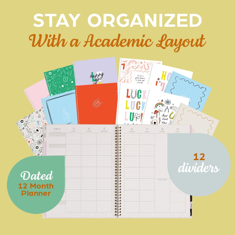Organizzato da Happy Planner Twin-Loop 12 Mesi, Big Size | Datato luglio 2026-giugno 2027, include 3 mesi extra e 1 foglio di adesivi, 21,6 x 27,9 cm, layout accademico, tema Lucky Day