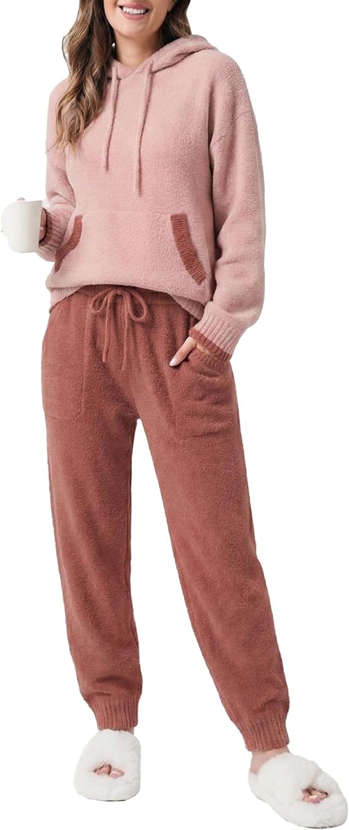 DAVID ARCHY Warm Pajamas for Women Fleece Lounge Sets Winter Fuzzy Cozy Soft Comfy Long Sleeve Pj Sleepwear Hooded Loungewear
