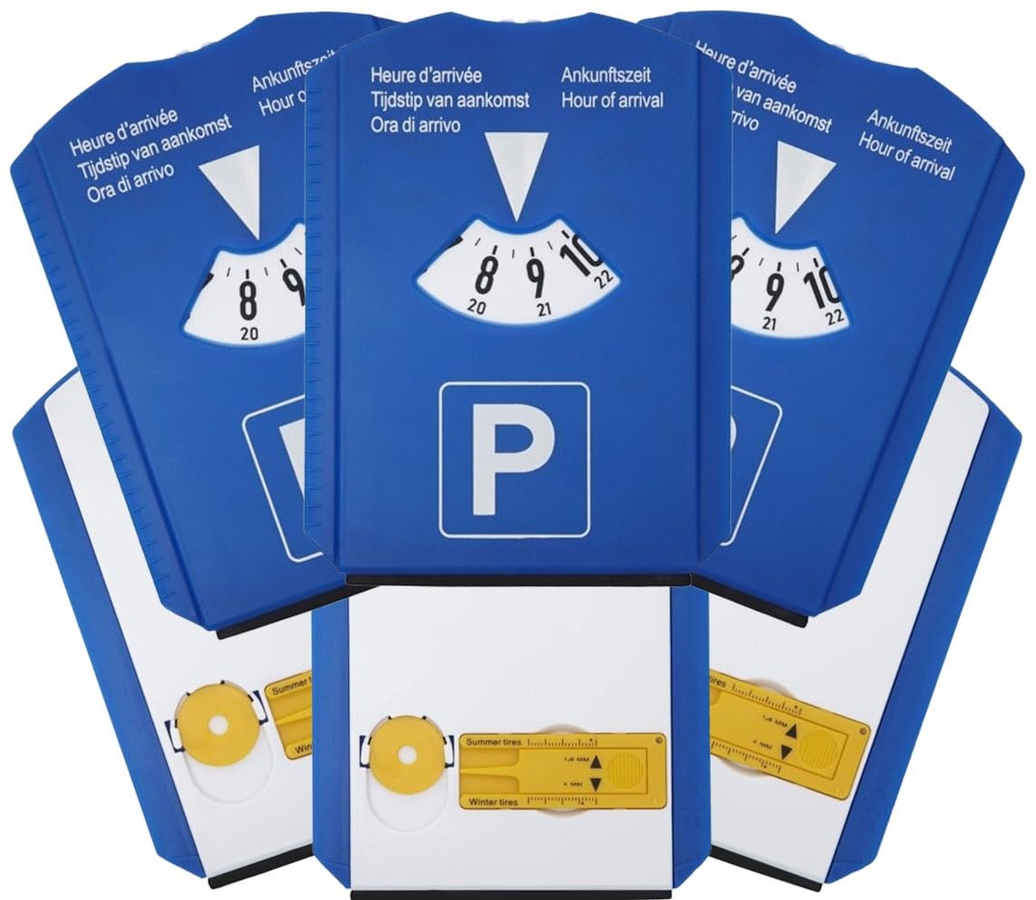 PROCAR Equipment 3X Parkscheibe Auto Deutsche Qualitäts Multifunktions (Parkscheibe mit Uhr, Eiskratzer, Einkaufschip, Reifenprofilmessung und Fensterwischer (3 Stück)