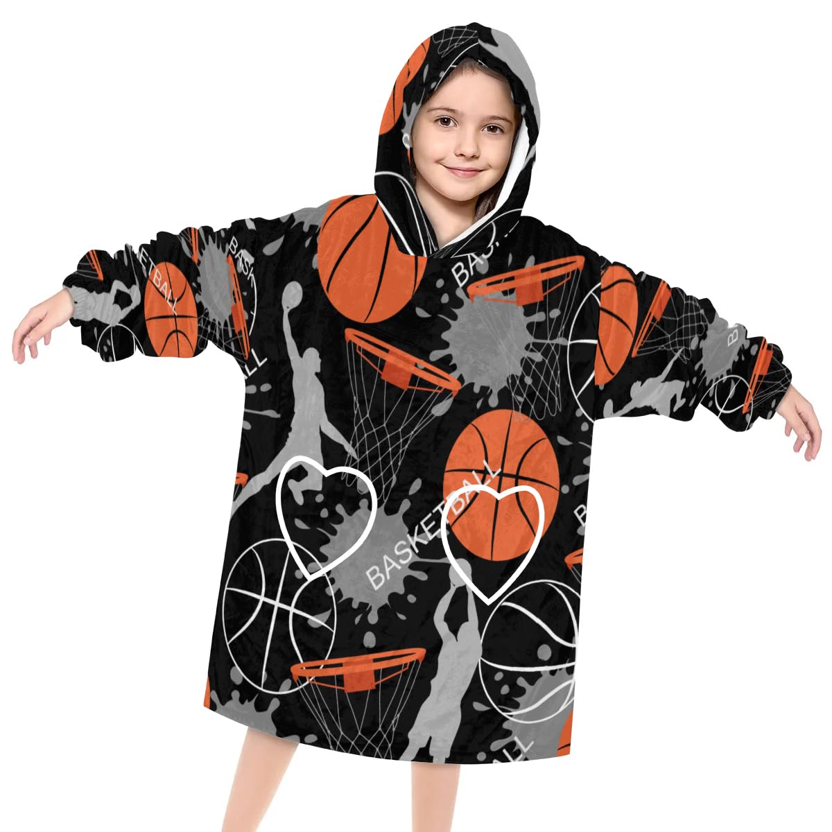 Pardick Wearable Blanket Hoodie for Kids, Basketballs Fleece Sweatshirt Blanket Oversized Blanket Sweatshirt with Pocket Flannel Warm Hooded Blanket 6-10 Year Old Girl Boy Gift, One Size