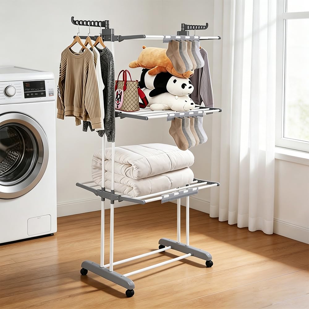 Kedia Stendibiancheria pieghevole con 3 serre, stendibiancheria, interno ed esterno, 75 x 64 x 170 cm (grigio + bianco)