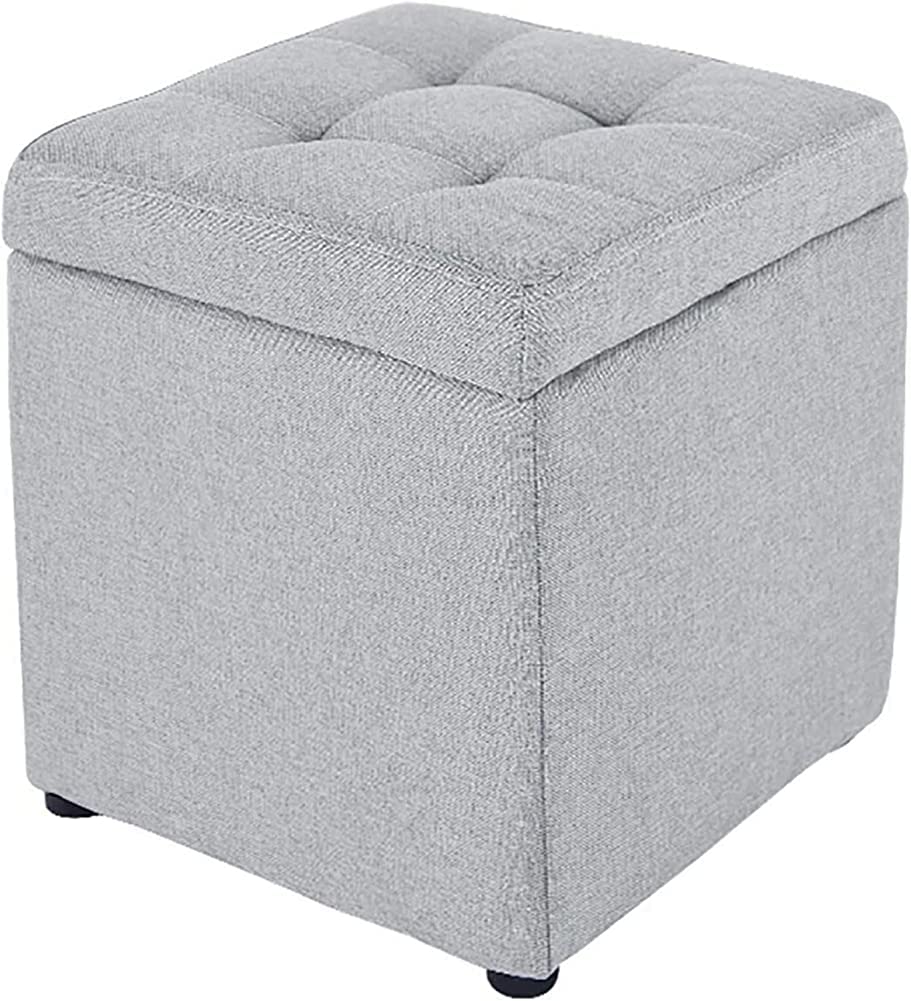 Repose-pieds boîte de rangement ottomane pliante gris lin et bois