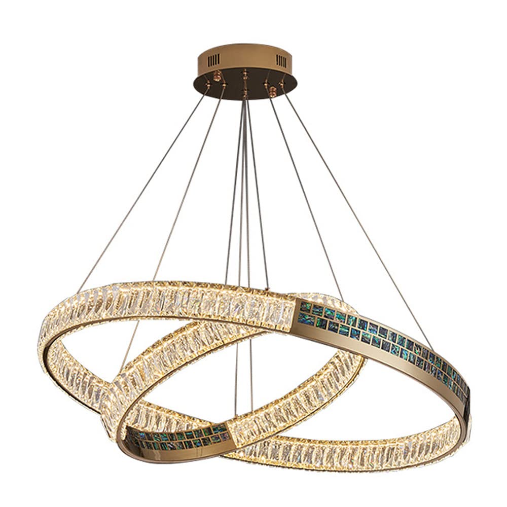 Abinlina Gold 2-Ring LED Crystal Chandelier Pendant Light, Dimmable 3-Color, 126W Stainless Steel Ceiling Fixture for Living Room and Foyer