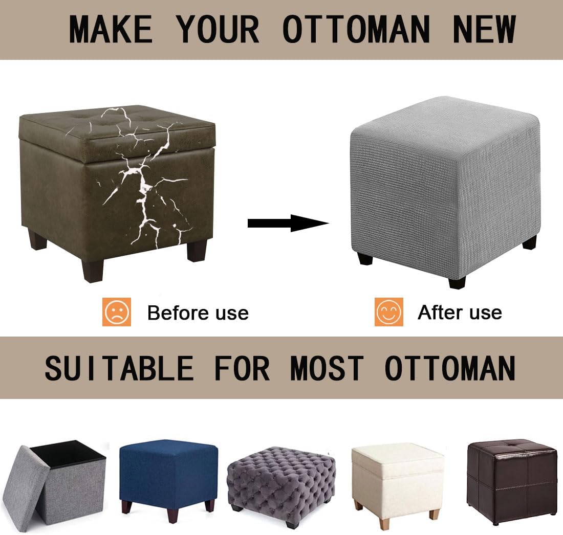 Ottoman Cover Square Folding Storage Ottoman Slipcovers Jacquard Stretch Cube Footrest Foot Stool Covers Protector with Elastic Band (Large,Light Gray)