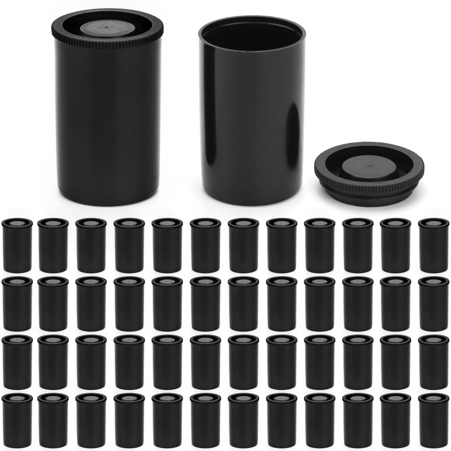 QWORK® 50 Pcs Film Canisters with Lids, Plastic Camera Reel Containers, for Scientific Activity Small Accessories Black