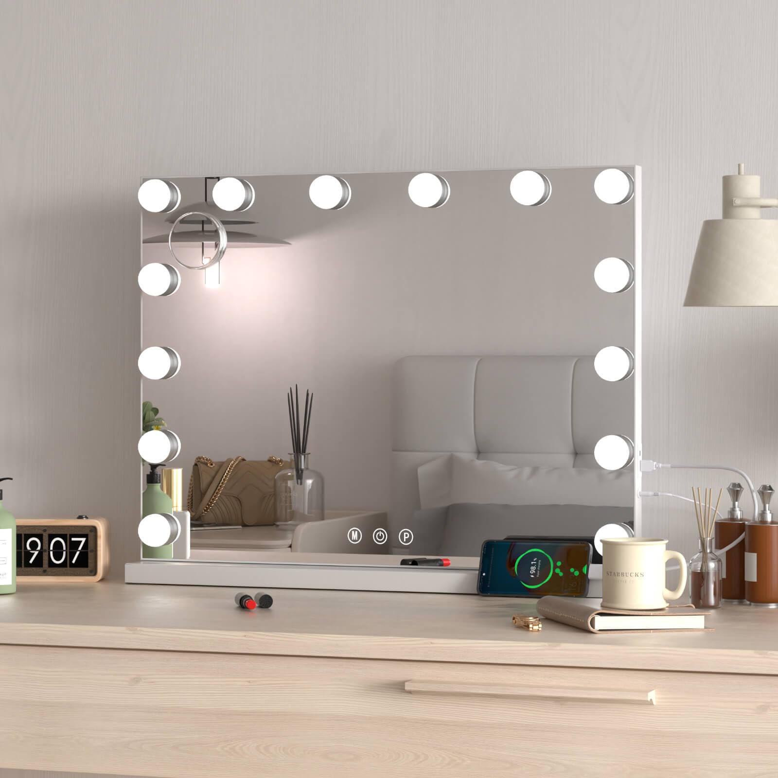 Espejo Tocador con Luz, 14 Bombillas LED y 3 Modos de Iluminación Ajustables, Espejo Maquillaje con USB Puerto, Espejo Hollywood de Mesa Grande con Control Táctil