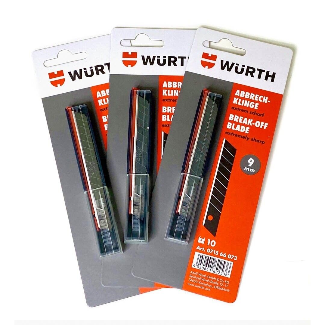 Würth 3er Pack 10x 9mm Abbrechklinge extrem scharf für Cuttermesser 071566073 Universalmesser Teppichmesser
