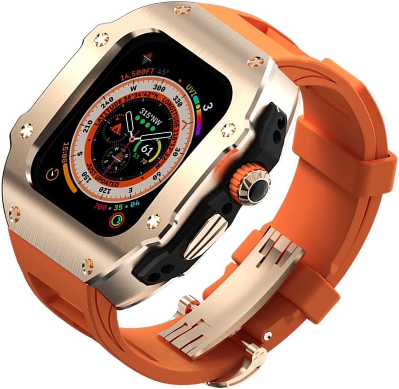 Edelstahl-Uhrengehäuse, Gummiband, für Apple Watch Serie 9, 8, 7, 6, 5, 4, SE, Ersatz-Uhrengehäuse, Verschluss, Mod Kit, für iWatch Serie 45 mm, 44 mm Zubehör