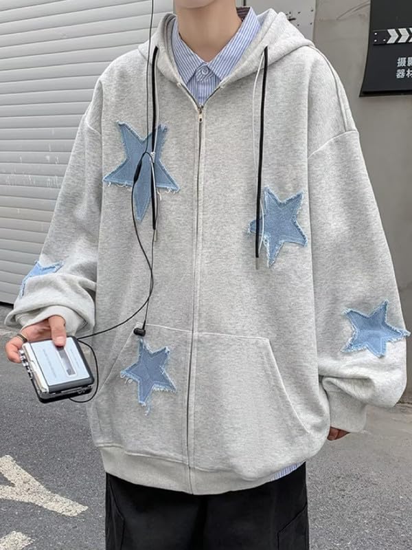 Image of BAIMORE Unisex Vintage Blue Star Patch Drawstring Zipper Hoodie Loose Casual Couple Jacket