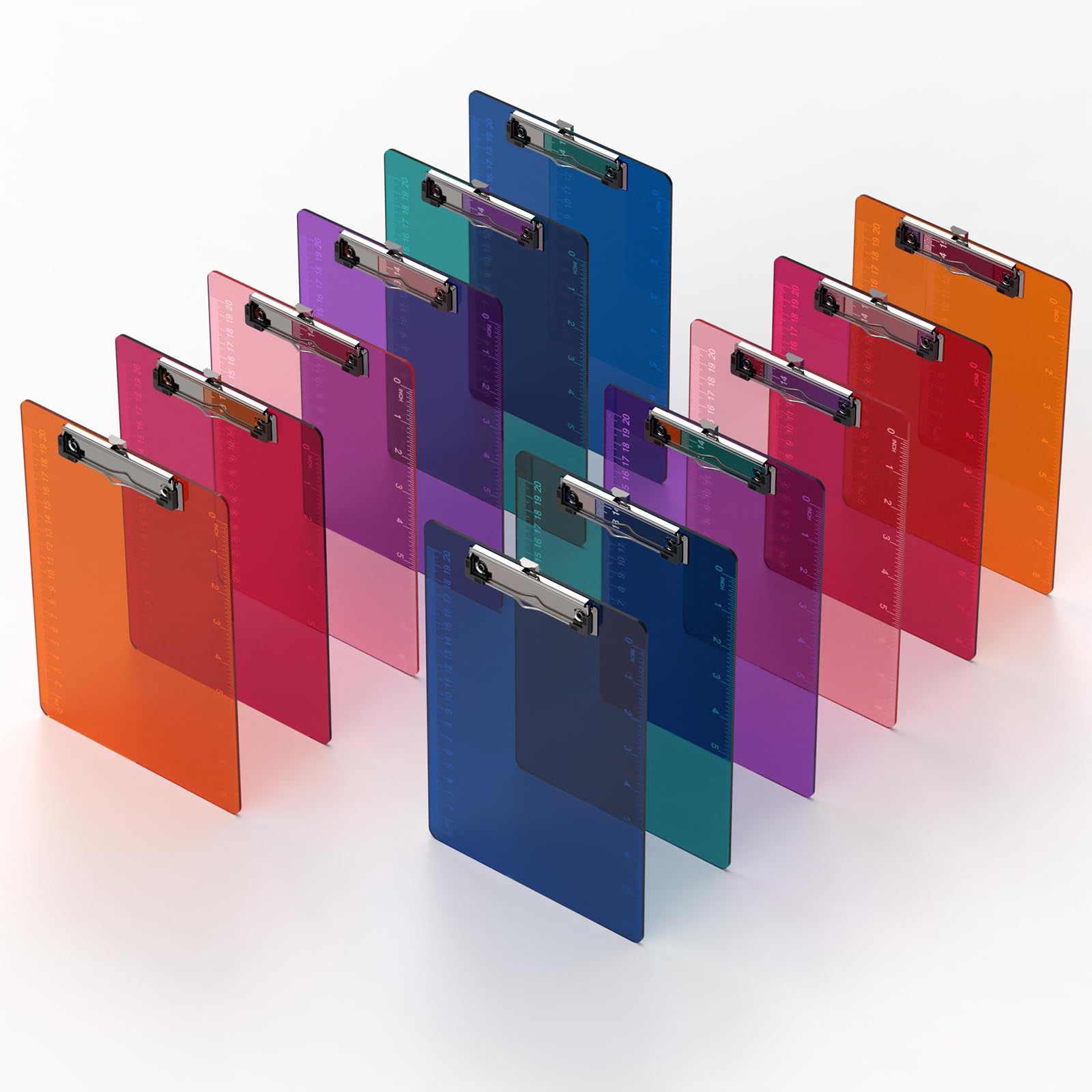 Macroclo Bulk A5 Clipboards Set of 12, Colored Clear Clip Board with Ruler, Suitable for Classroom, Students, Kid, Size 6" x 9" with Low Profile Clip,