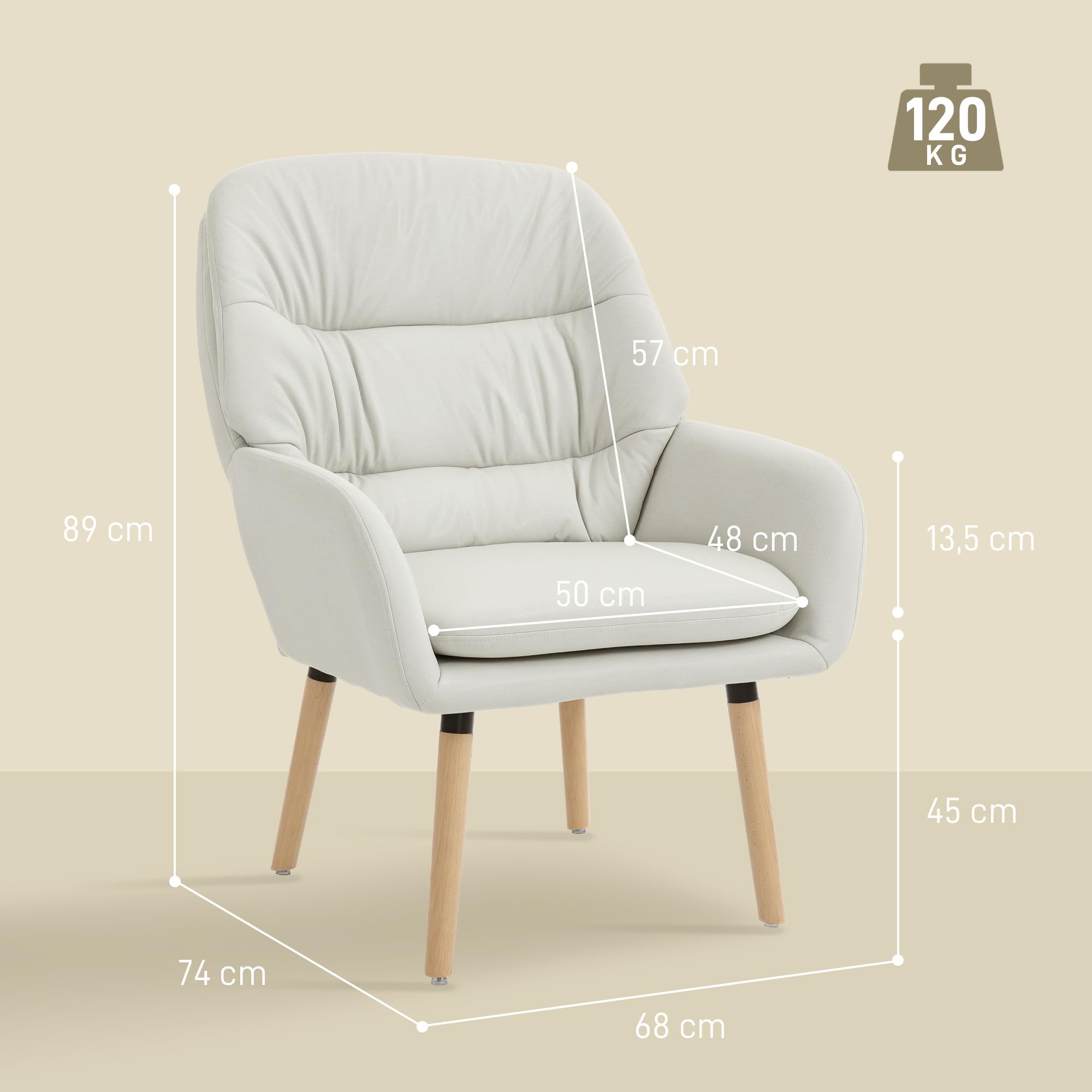 HOMCOM Sillón de Salón Moderno, Butaca de Salón, Acolchado de Doble Capa, Tapizado en Cuero Sintético, Patas de Madera, Sillón de Lectura para Dormitorio, Oficina, Estudio, 68x74x89 cm, Crema