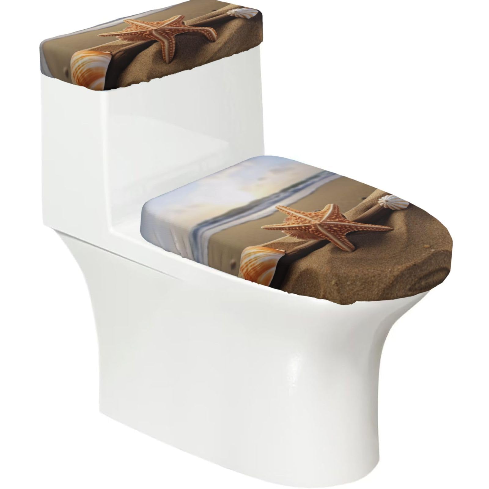 EZDLOWVBA Beach Theme Print Toilet Lid Tank Lid Dust Cover Toilet Seat Cover Soft Machine Washable Toilet Tank Cover Decorative Accessories 2 Piece Set