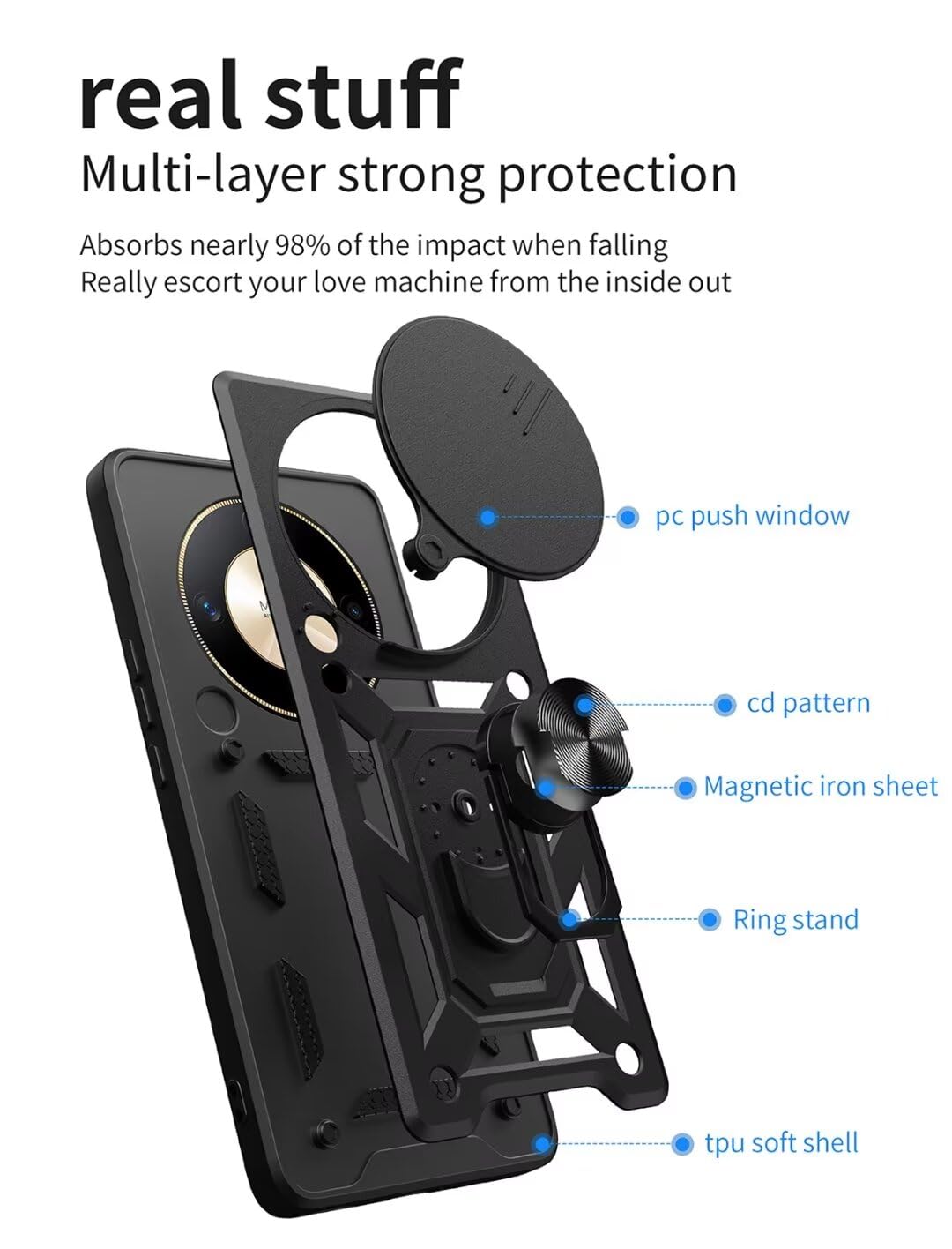 COMAKU Cover Armor Per Xiaomi 14 Pro – Custodia Antiurdo Con Anello Supporto E Protezione Fotocamera, Argento - 4