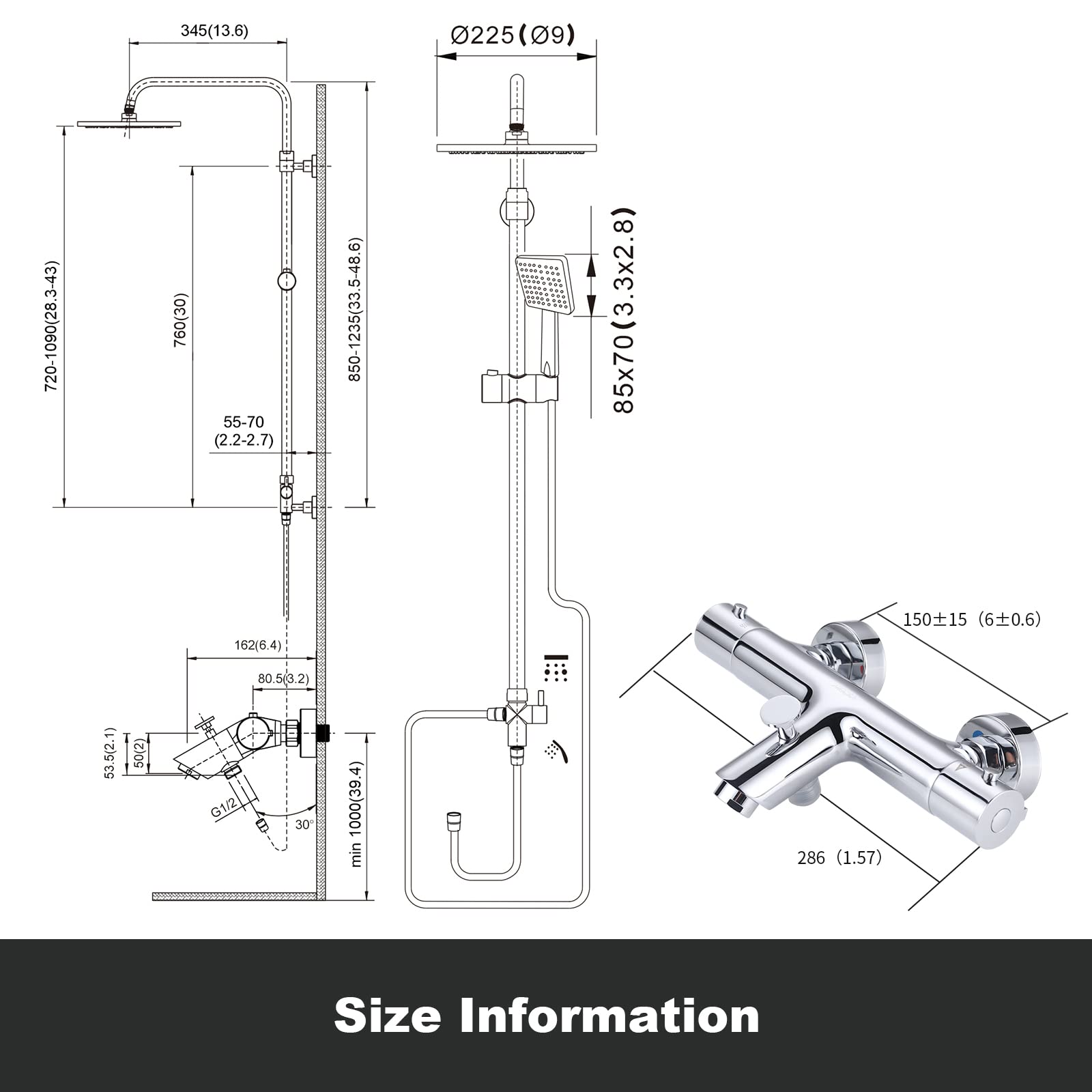 ARCORA Duschsystem mit Thermostat, Komplettset mit Thermostat Badewannenarmatur 38°C Sicherheitssperre, 360° Schwenkbarer Regenduschkopf, Handbrause mit 3 Strahlarten, aus Messing und Edelstahl, Chrom
