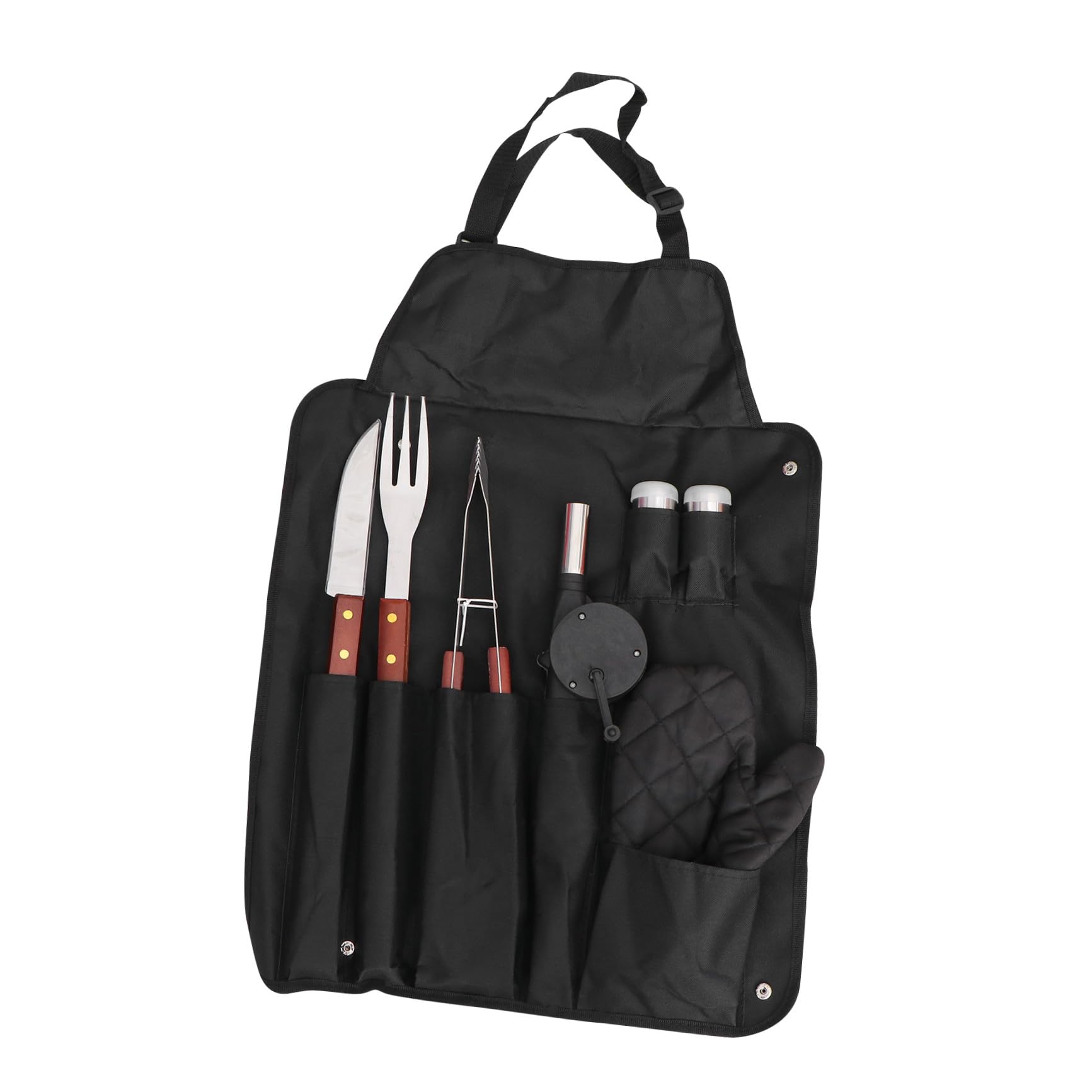 Set Utensili Barbecue in Acciaio Inox Manico Legno | Borsa Inclusa, Nero, Design Compatto, Resistente al Calore, per Barbecue All'aperto e Festa Grill
