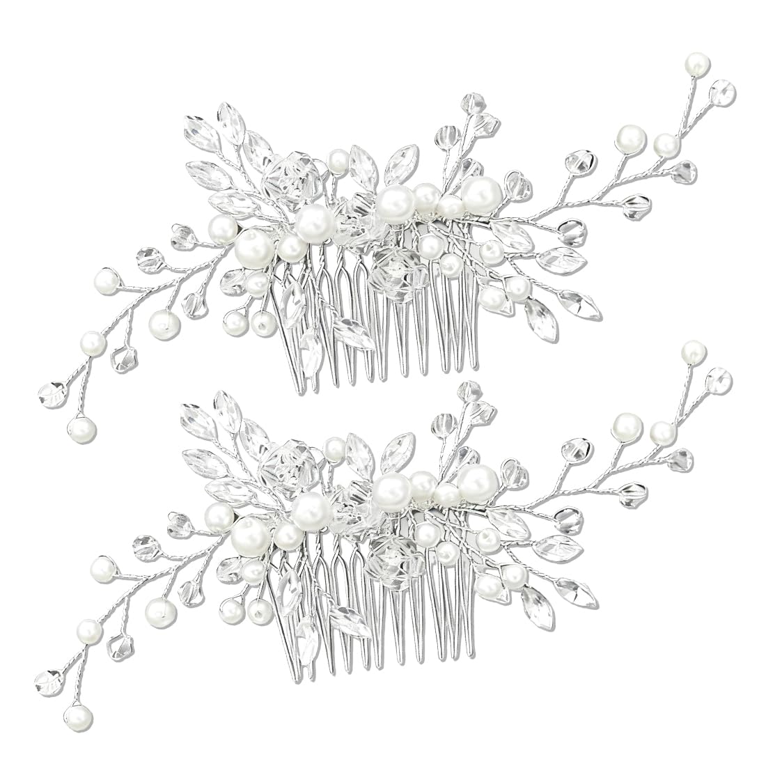 Fermaglio Capelli Sposa Argentato Con Cristalli, 2 Pettini Eleganti Per Matrimonio E Occasioni Speciali, Set Completo Per Donne E Ragazze