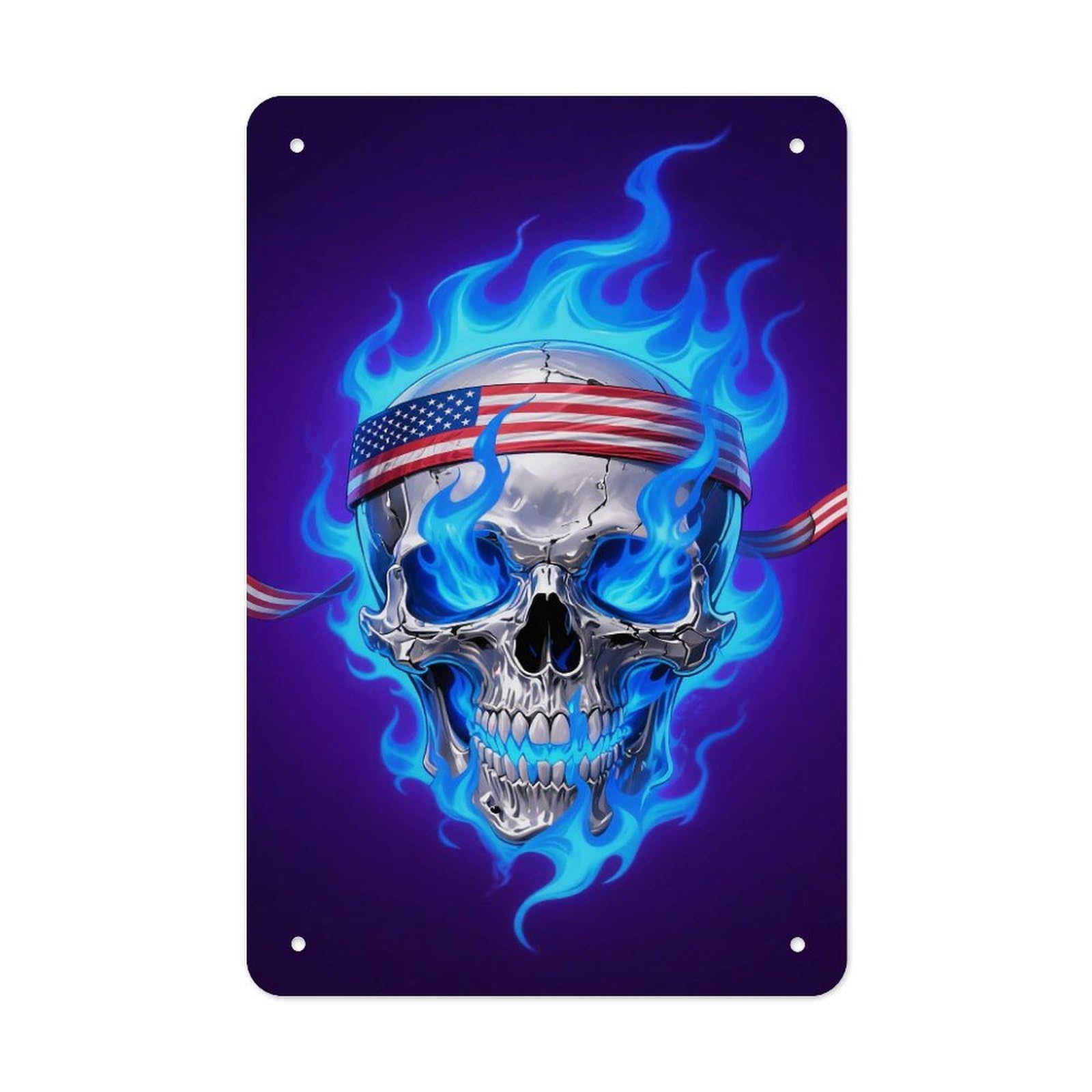 LDGSUPH Fire USA Flag Skull Wall Art Prints Folded Edge Iron Sheet Painting with Holes for Wall Prints Decorative Picture Metal Signboard Decor Painting for Outdoor Indoor Wall Decor
