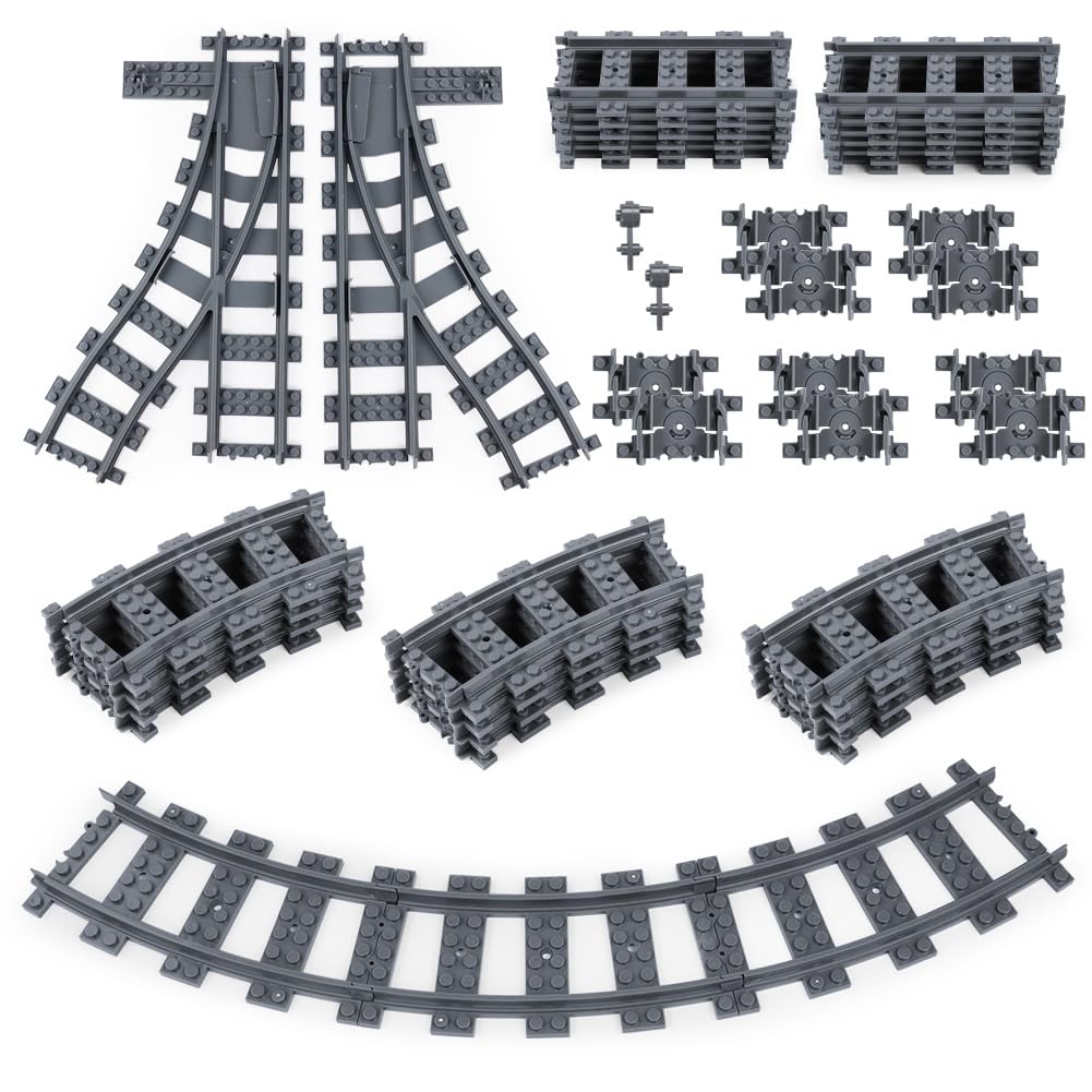 HOTUT 32 PCS City Train Tracks - 8 Straight Rails, 2 Crossings, 10 Flexible, 12 Curved Rails