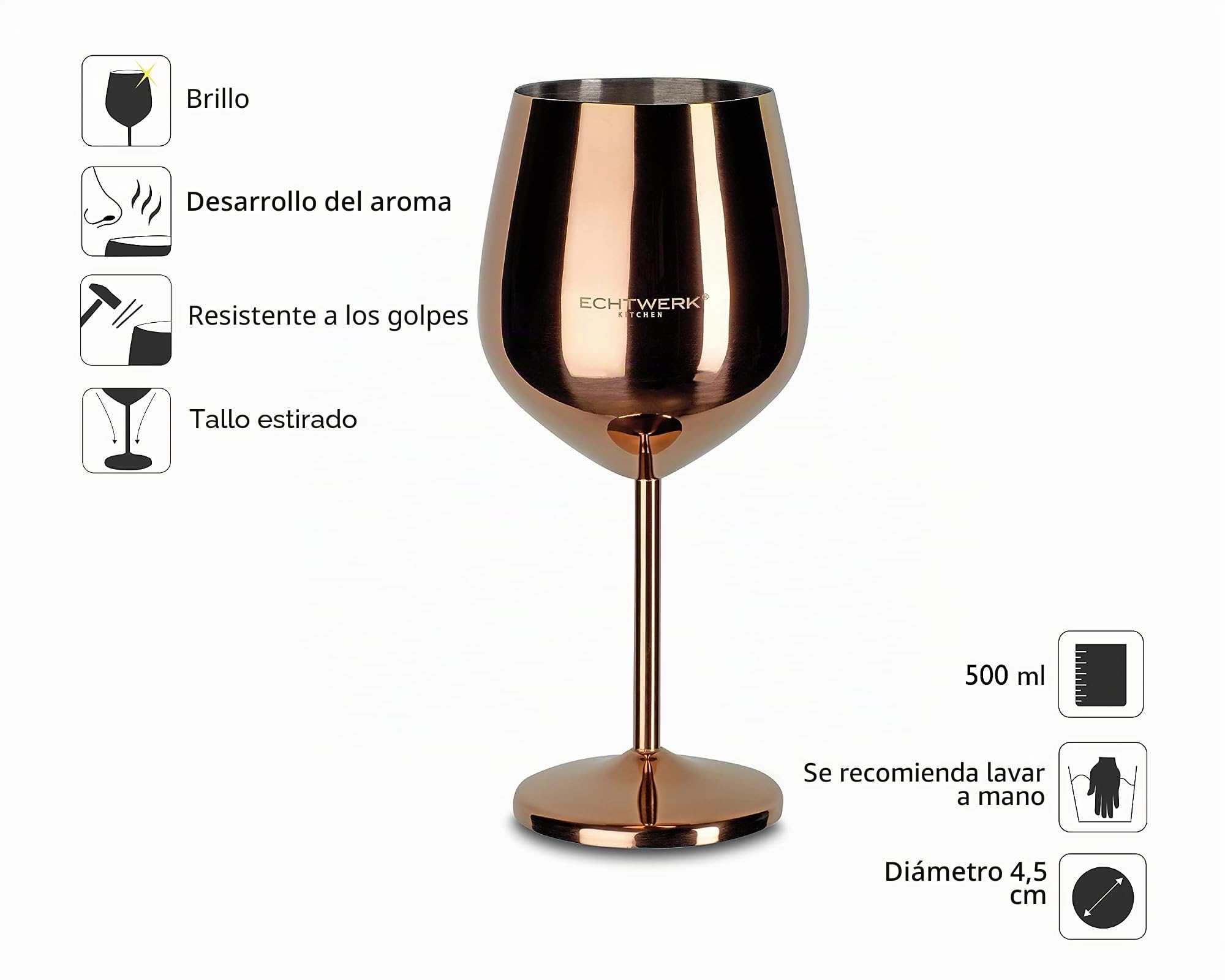 ECHTWERK Copas de vino/copas de vino irrompibles de acero inoxidable, edición cobre, 6 piezas, 21 x 7,3 cm, 0,5 L, EW-WG-1786K