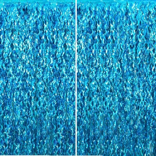Image of TONIFUL 2Pcs Wavy Metallic Tinsel Foil Fringe Curtains Teal Blue Streamer Backdrop for Photo Booth Props,Party Door Wall Curtains,Bachelorette,Underwater World Birthday Party Decor (6.6ft x 6.6ft)