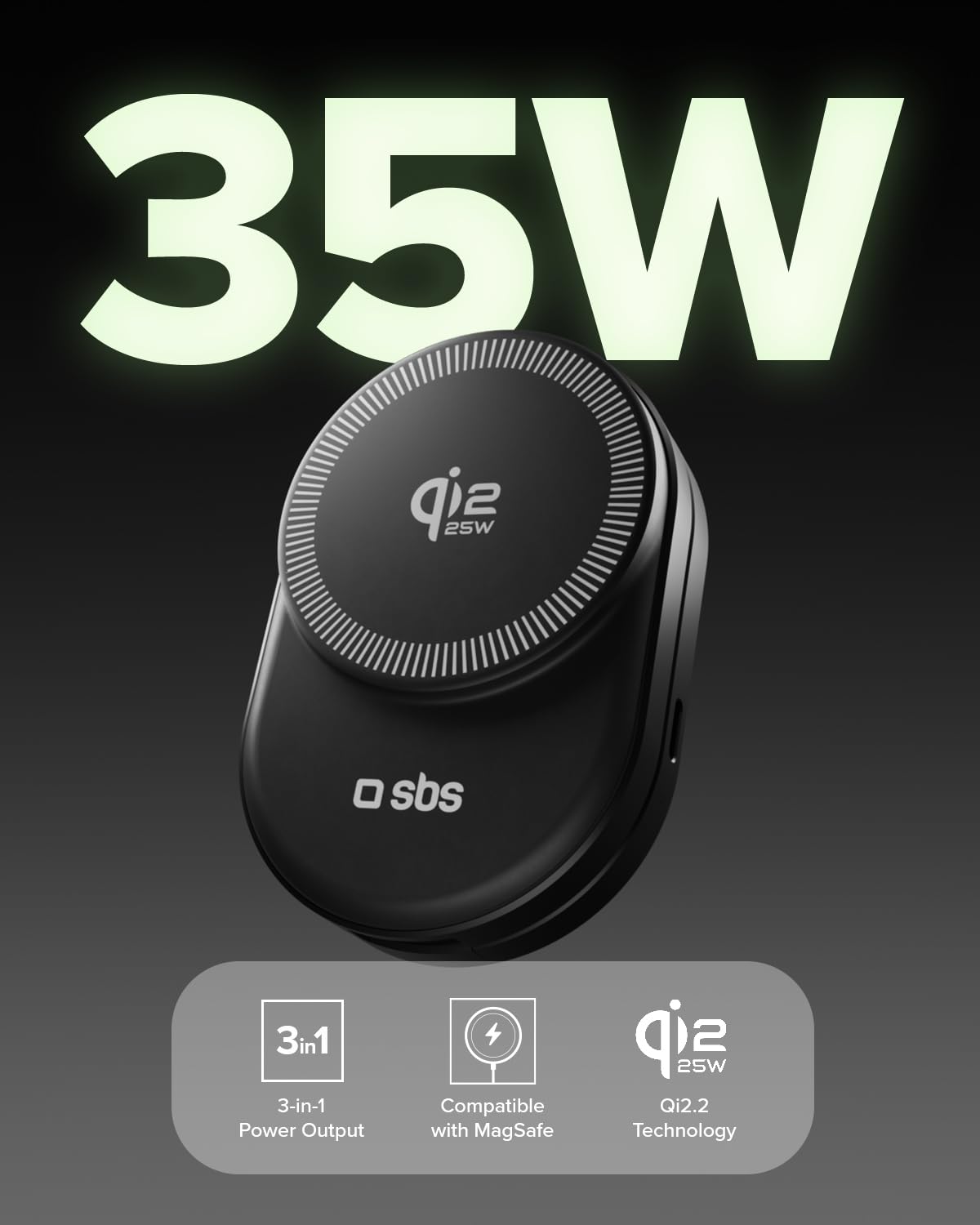 SBS Qi2 25W Power Dock 3w1 MFI MagSafe, Bezprzewodowa Ładowarka do iPhone, AirPods, Apple Watch, Szybkie Ładowanie 35W (25W+5W+5W), Magnetyczna Ładowarka, Zasilanie USB-C, Certyfikowany MFI, Czarny