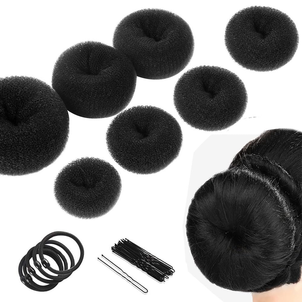 Hair Donut Bun Maker Set - 7pcs Black Donut Buns (XL, L, M, S), 5 Elastic Bands, 12 Hair Pins