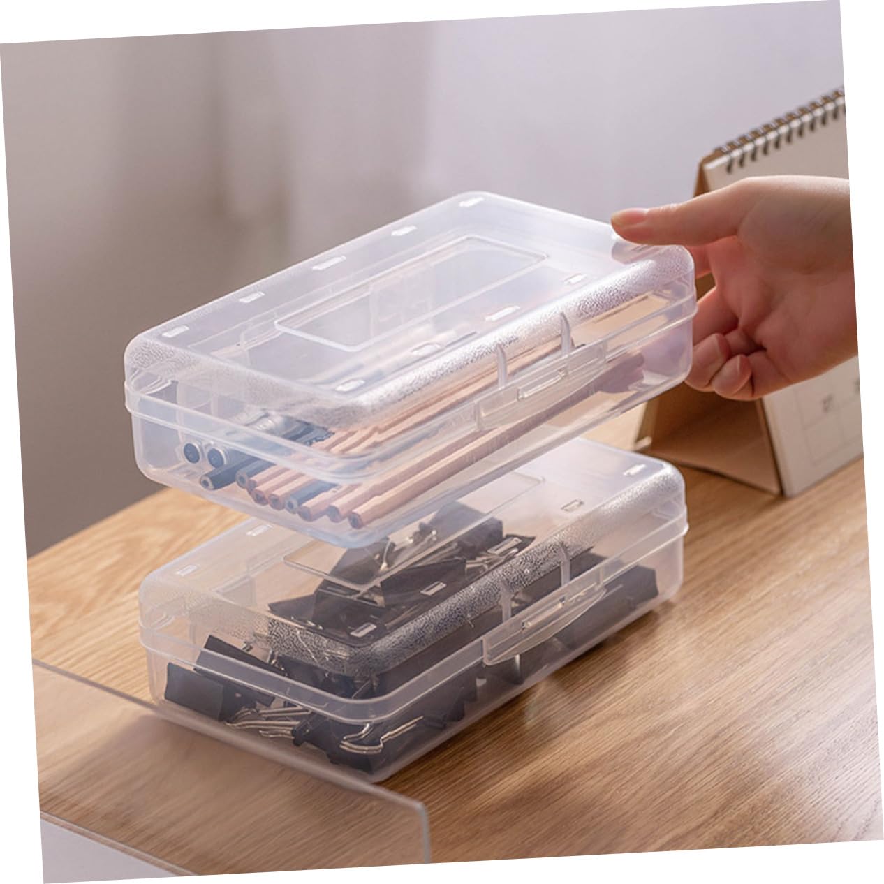 POPETPOP Contenitore Portapenne Impilabile in Plastica Trasparente 6 Pezzi Coperchio Rapido per Studenti e Organizzazione Cancelleria Scuola Ufficio