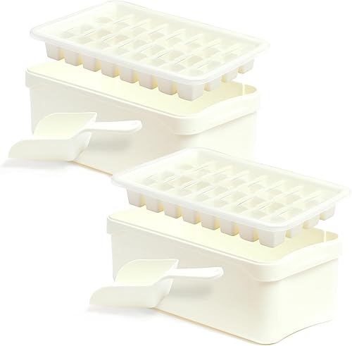 OLLIC Bandejas para cubitos de hielo para congelador con contenedor, paquete de 2, tapa para mini máquina, bandeja fácil, cubo y tapas de recipiente