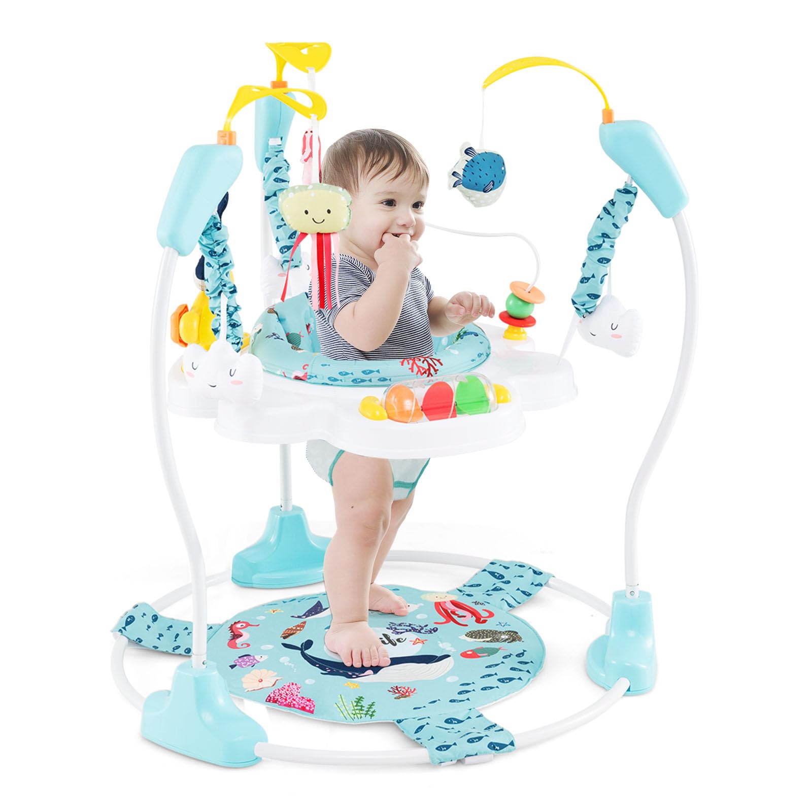 LIFEZEAL Girello per Bambini 6-18 Mesi, con Sedile Girevole a 360°, 9 Giochi Montessori, Luci e Melodie, Girello Neonato, con Altezza Regolabile, Centri di attività Fissi, Jumperoo per Bimbi (Blu)