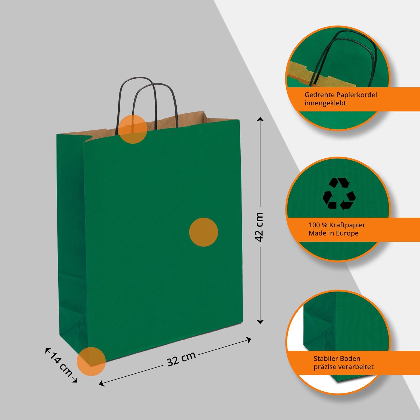 Papiertasche edel & stabil | 150 Stück grün 32+14x42 cm | Qualität aus deutscher Produktion | Tragetasche aus Papier | HUTNER
