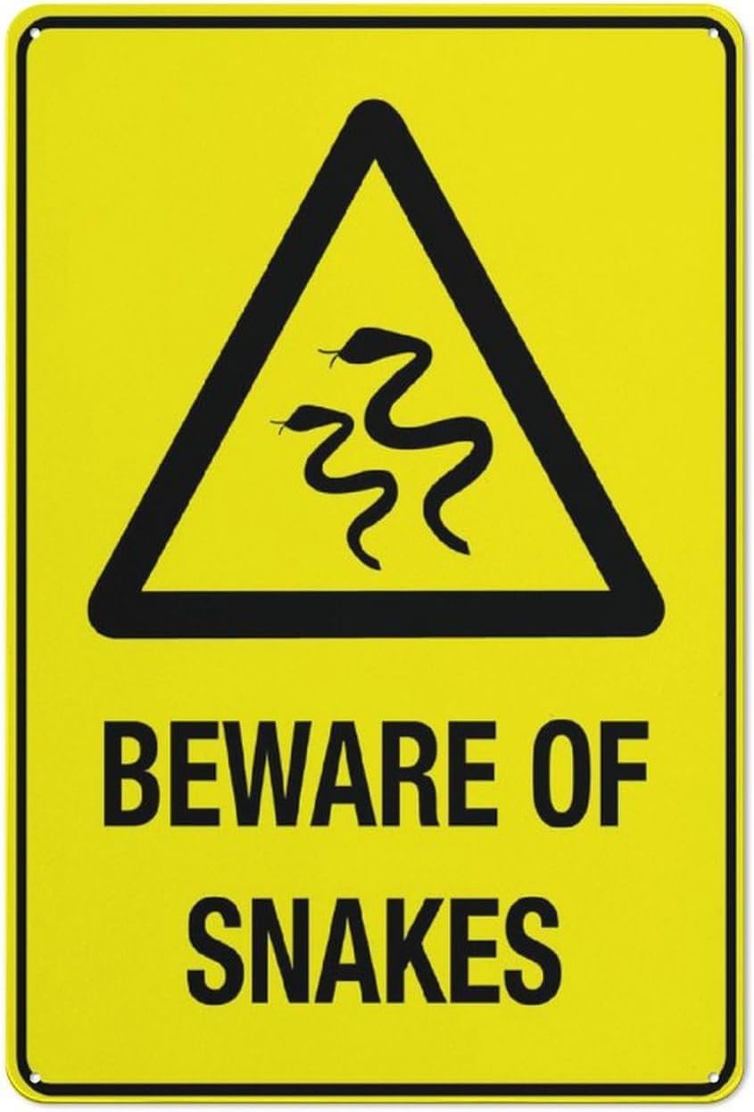 Beware of Snakes Yellow Rust Free Aluminum Sign - Easy to Read Decor with Pre-Drilled Holes for Home Farm Yard, Trail - 12x8 Inch​