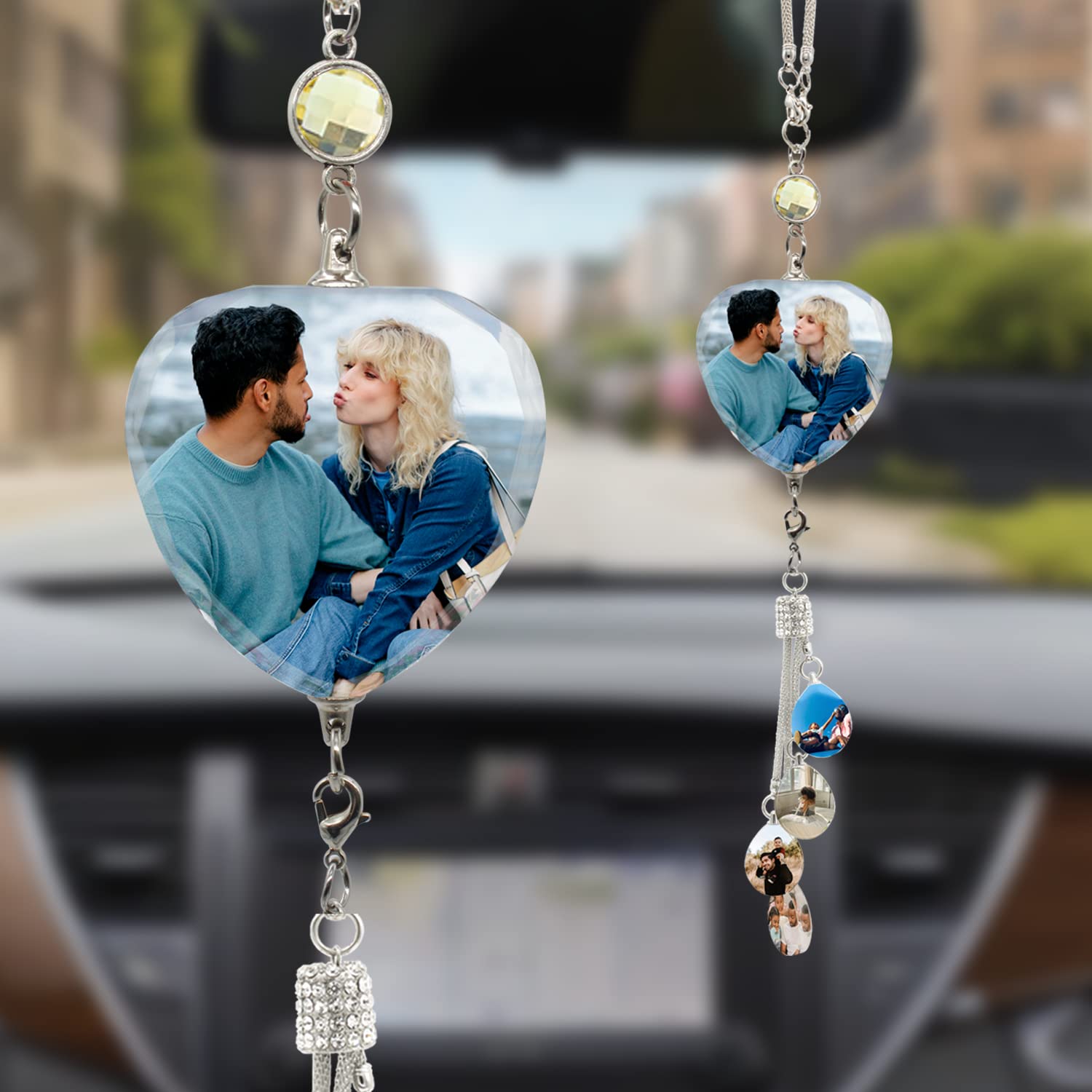 JeathFea Personalized Photo Crystal Car Hanging Accessories Customized 4 Photo Car Interior Ornament for Woman Man Clear Crystal Picture Pendant