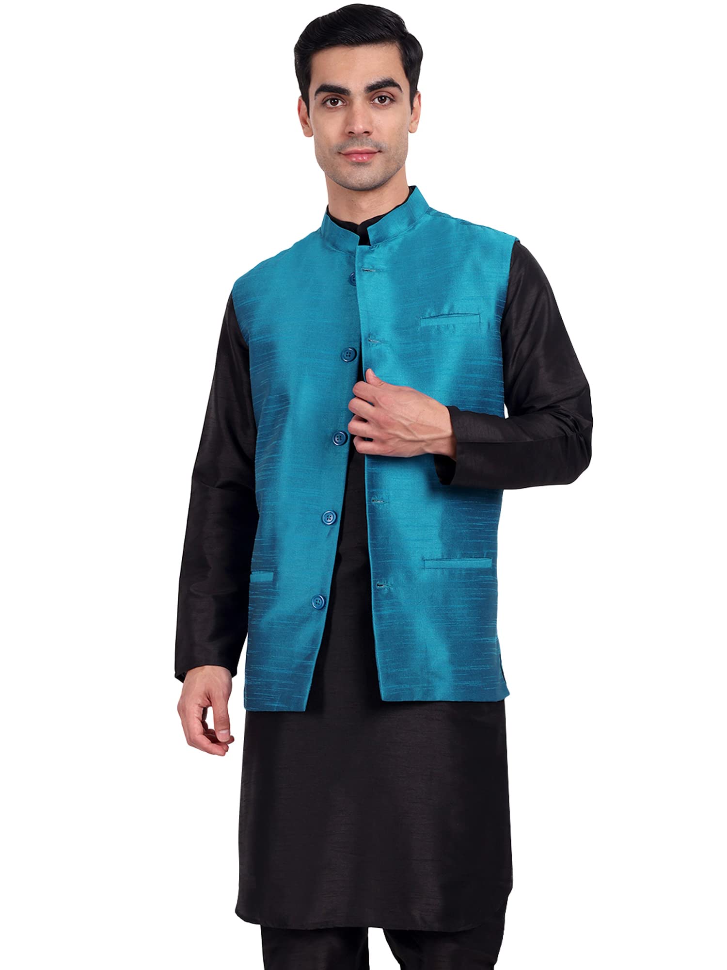 Amazon Brand - AnarvaMen's Indian Dupion Silk Sleeve Less Festive Nehru Jacket Waistcoat