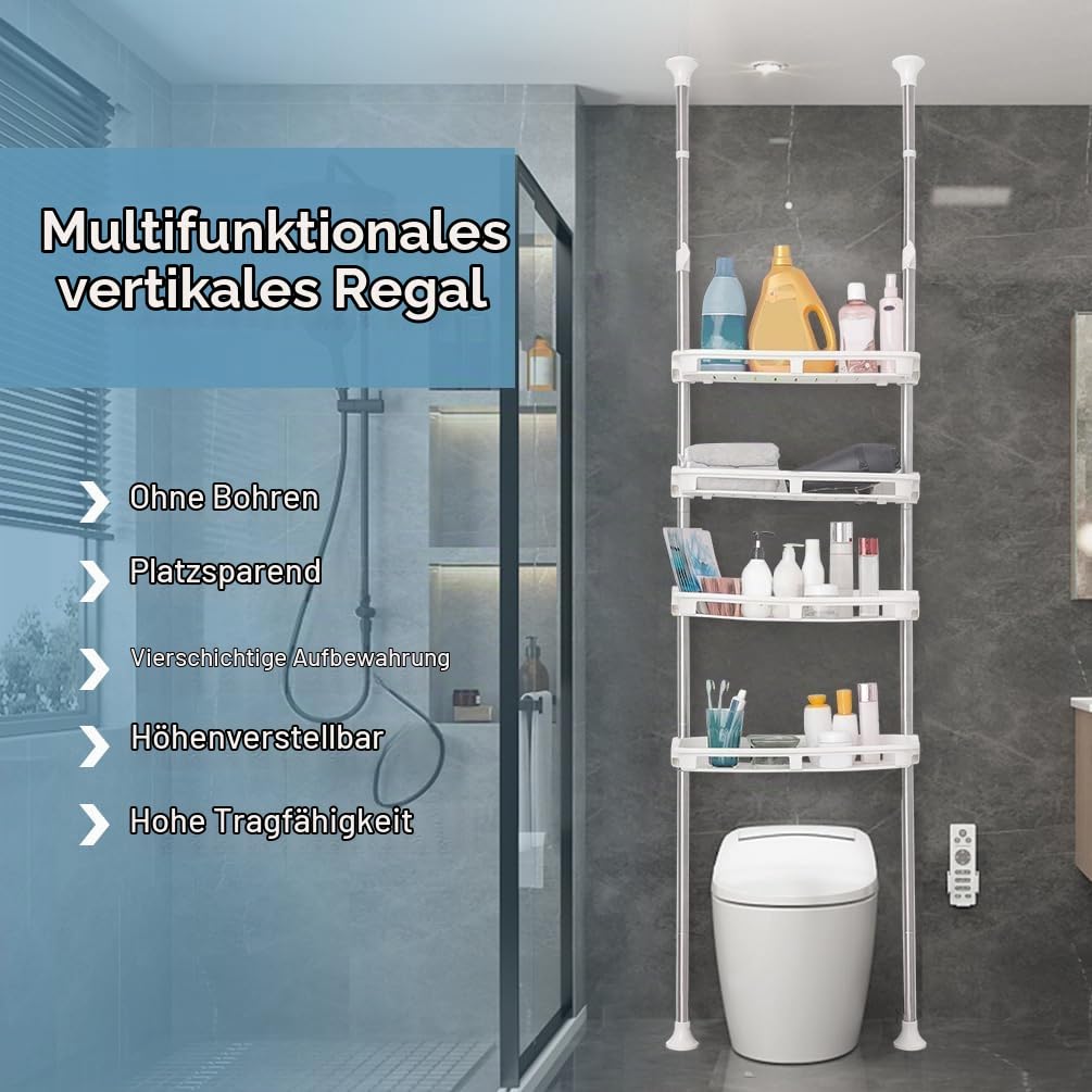 BAOYOUNI Toilettenregal Teleskop Badregal mit 4 Offene Ablagekörbe | Regal über Toilette aus Metall und Kunststoff, Teleskopstange Höhenverstellbar Platzsparend Allzweckregal, Elfenbein