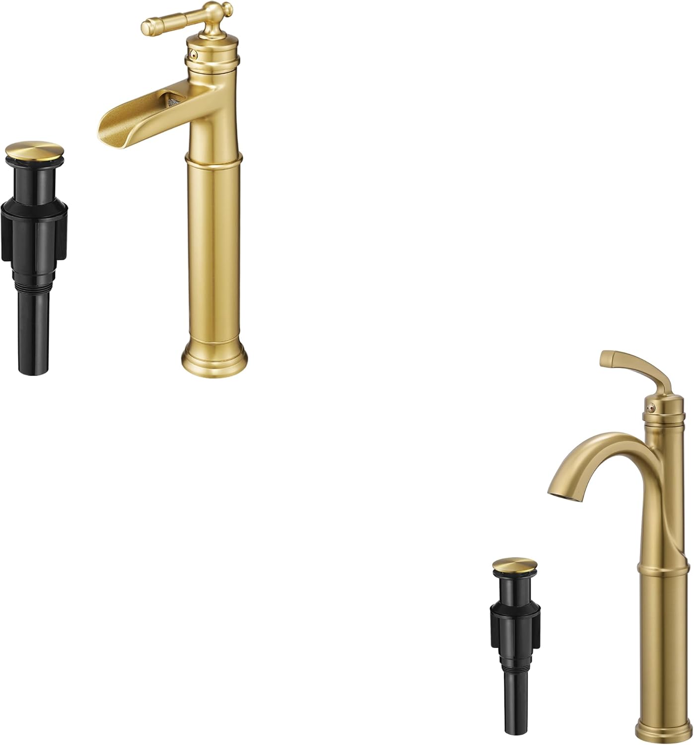 Brass Tall Faucet for Bathroom Sink 1 Hole, Gold Vessel Sink Faucet 1 Handle for Countertop Sink with Pop-Up Drain & Water Hoses, 5 Mins Quick Install