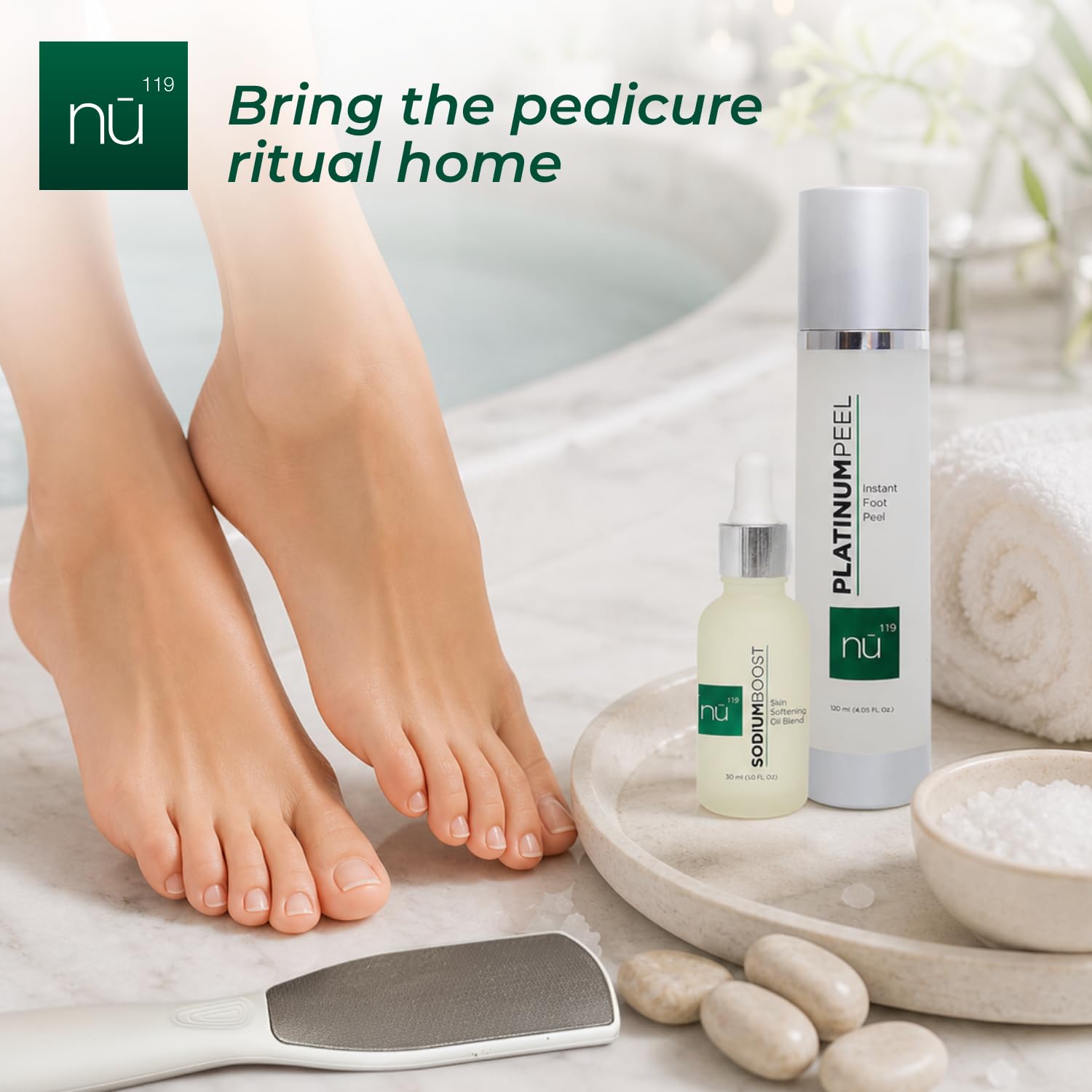 nu119 Kit de cuidado de pies para pies lisos: spray exfoliante de pies de 120 ml, bálsamo de pies y lima de pies para pedicura en casa, cuidado de pies y rutina de exfoliación