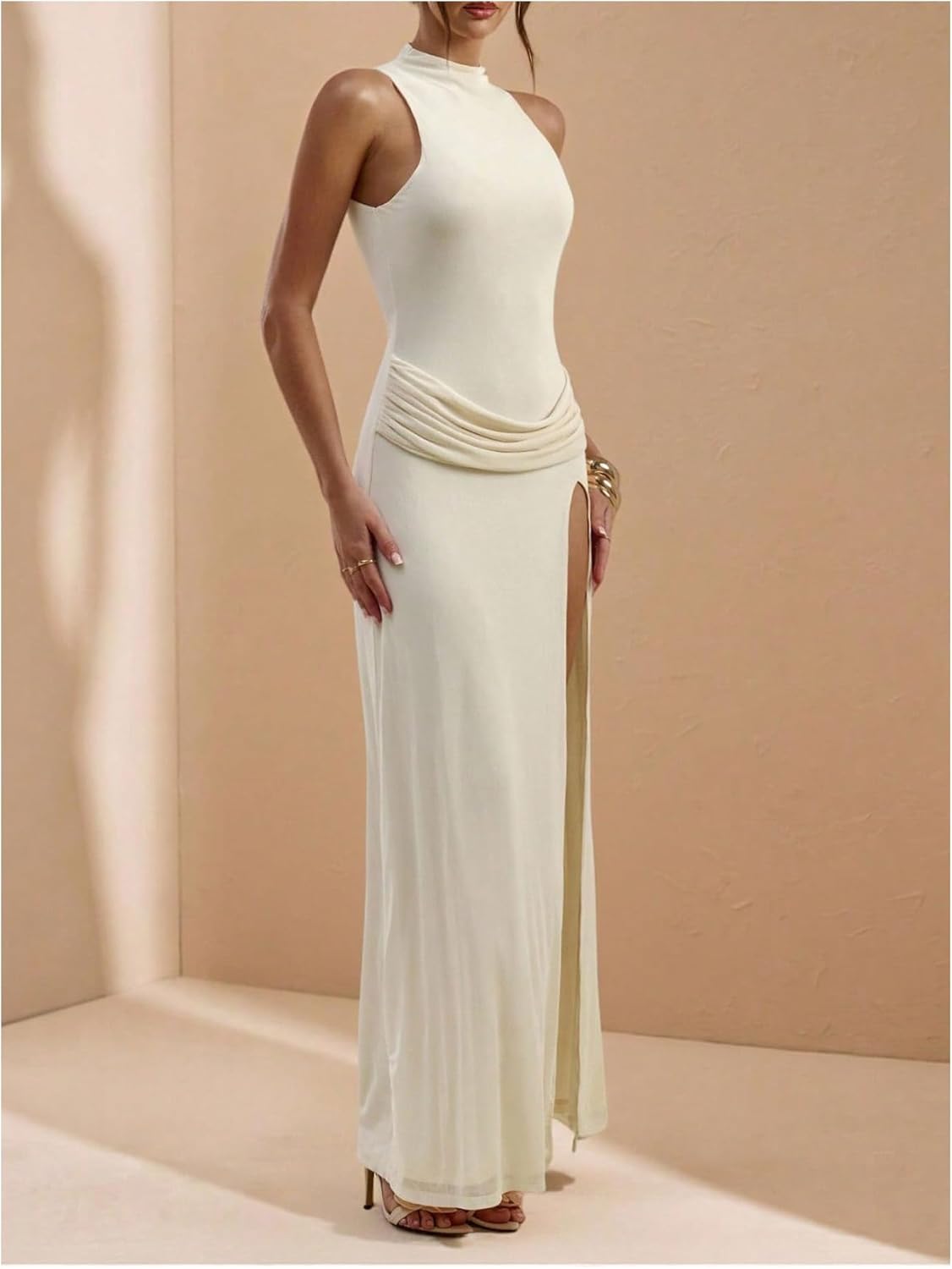 Verdusa Women's Thigh Slit Ruched Wedding Guest Mesh Dress Elegant Sleeveless Maxi Dress Formal Outfits - Image 3