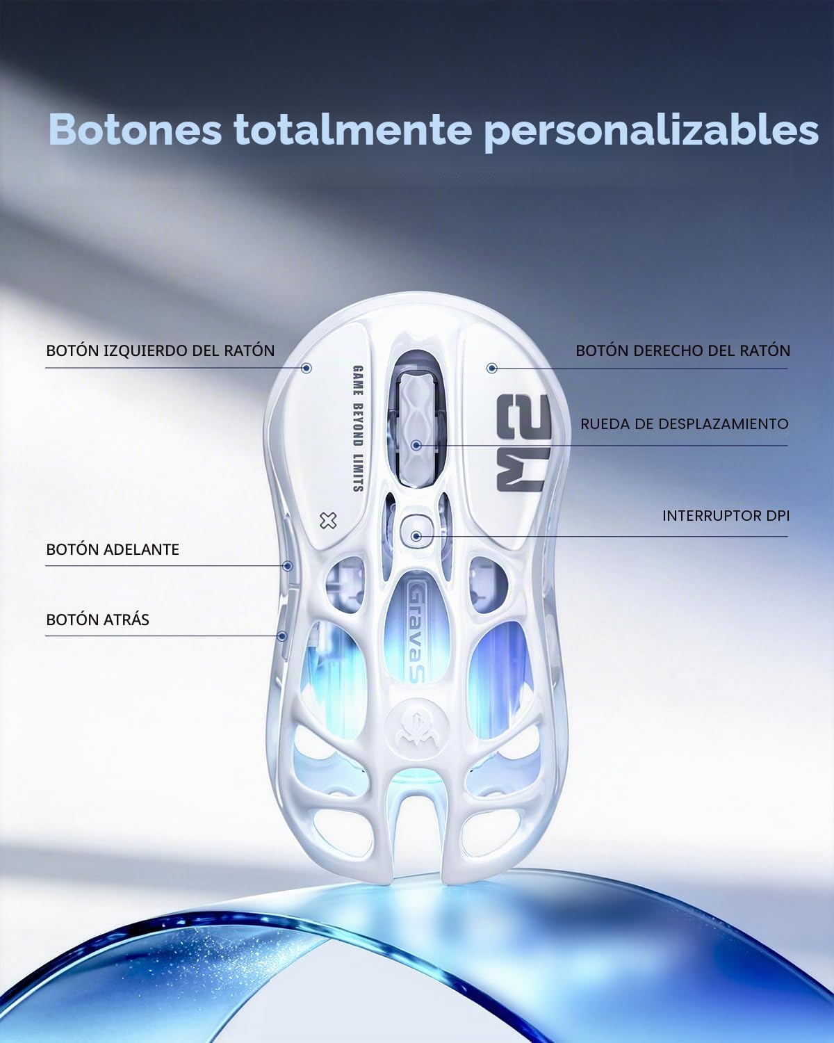 GravaStar Mercury M2 - Ratón inalámbrico para juegos con 26,000 DPI, sensor PAW3395DM - diseño ahuecado ligero de 79g - 5 botones programables - 5 RGB Dynamic Lightsync (Blanco)