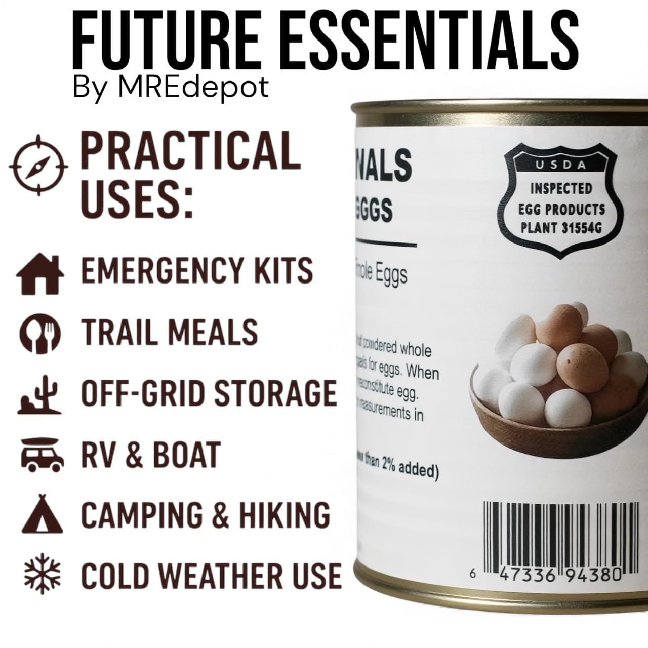 Future Essentials - Uova intere in polvere, 6 lattine (misura 2,5, 226,8 g ciascuna), forniture da forno, pasti da campeggio, cibo di sopravvivenza, 10 anni di durata a lungo termine, fornitura di